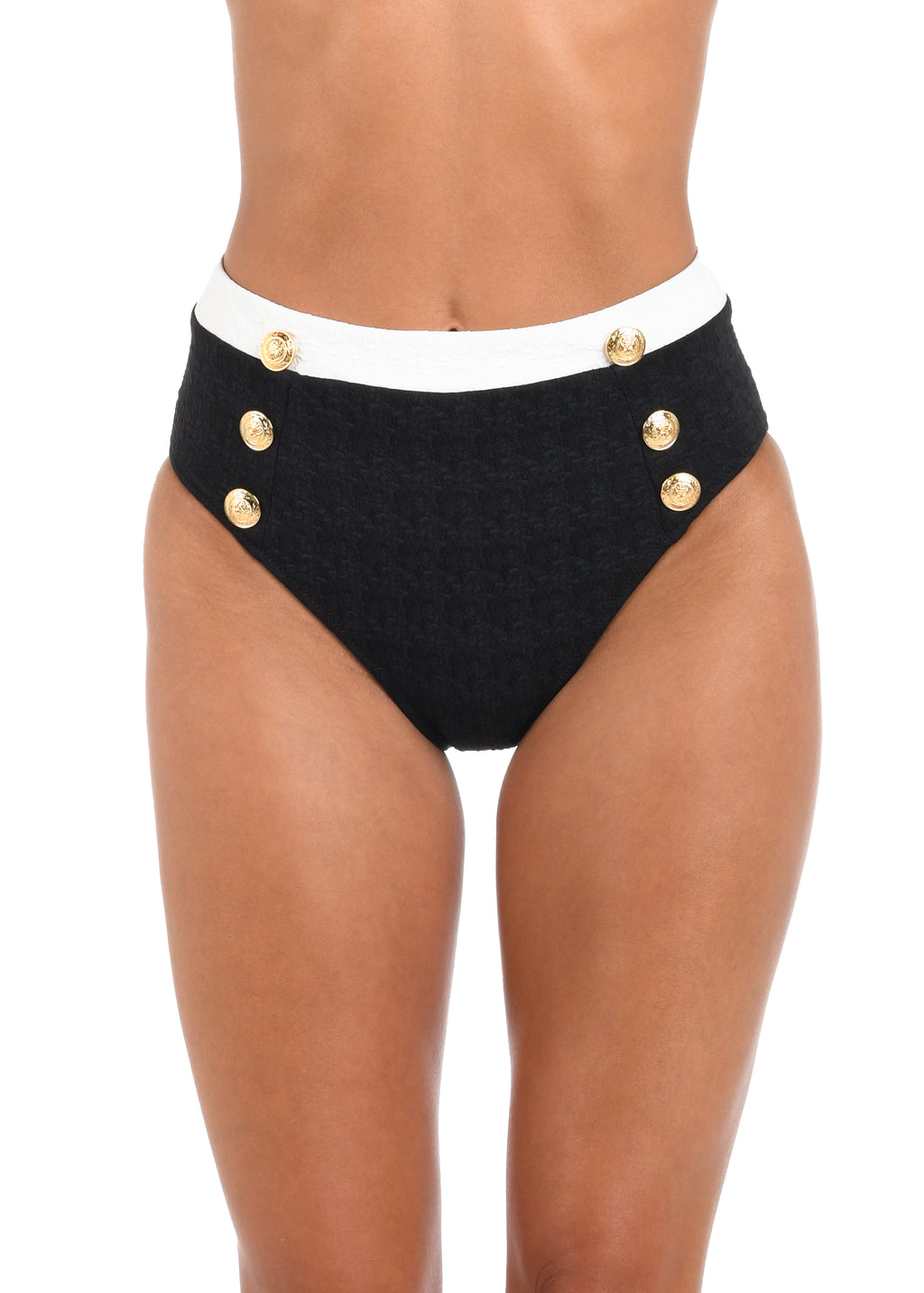 Black high-waisted bikini bottom with gold buttons on a white background