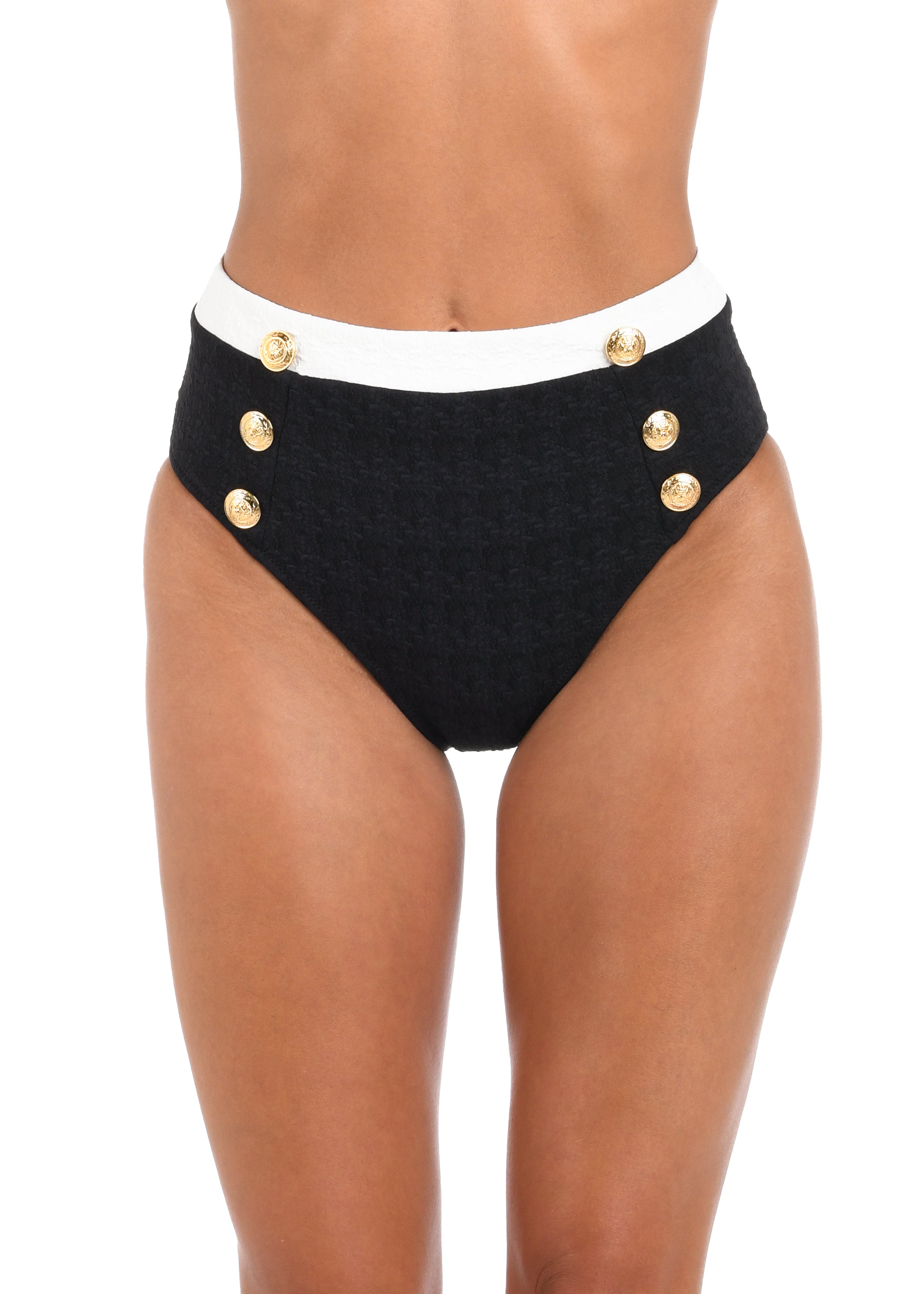 Black high-waisted bikini bottom with gold buttons on a white background