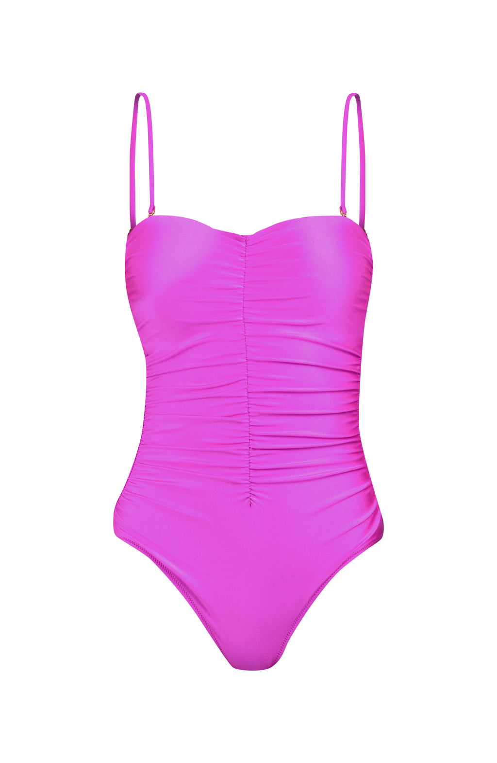 Image of a pink bandeau one piece swimsuit against a white background. 