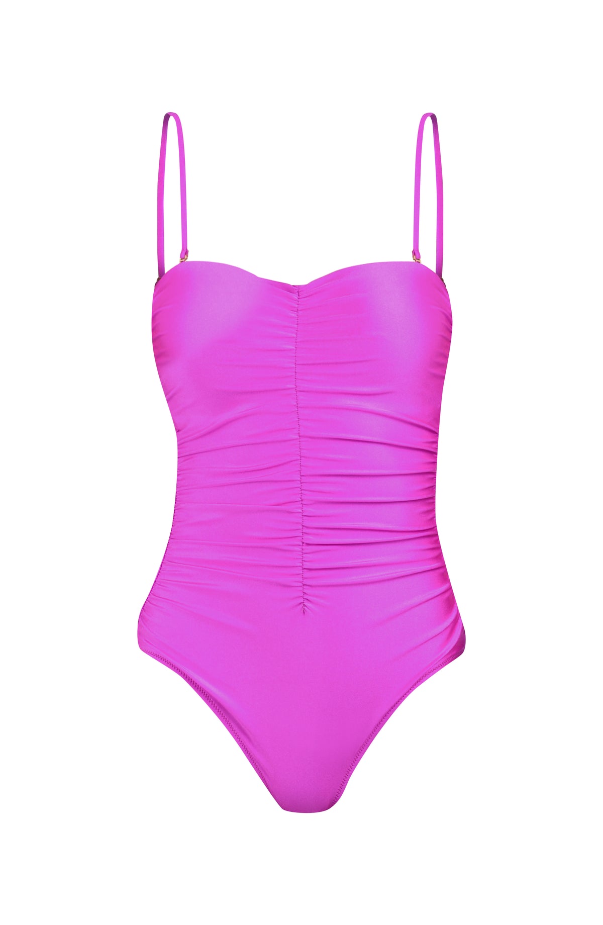 Image of a pink bandeau one piece swimsuit against a white background. 
