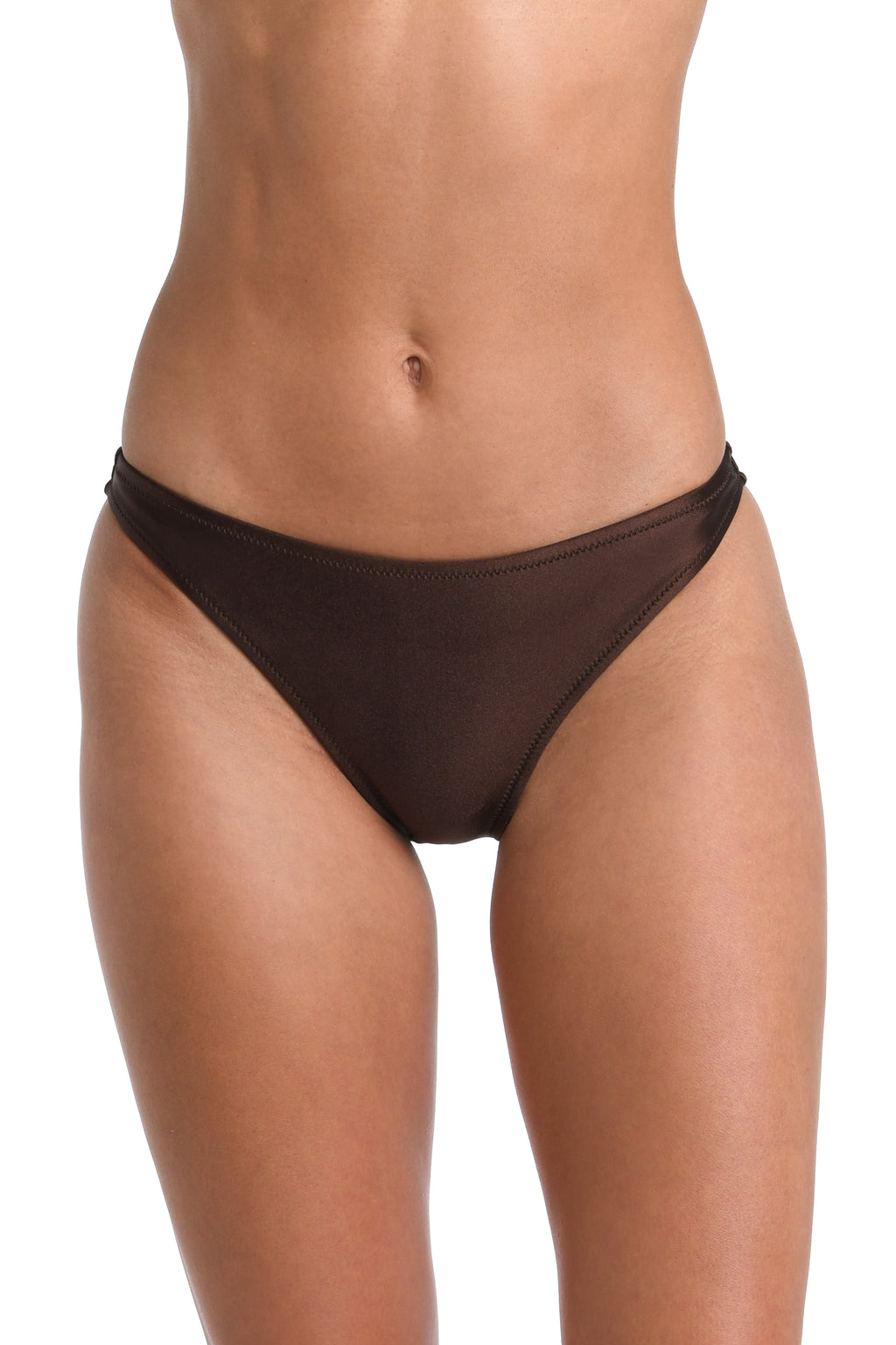 A close-up of a model's lower torso wearing a dark brown sheer mesh bikini bottom against a plain white background.