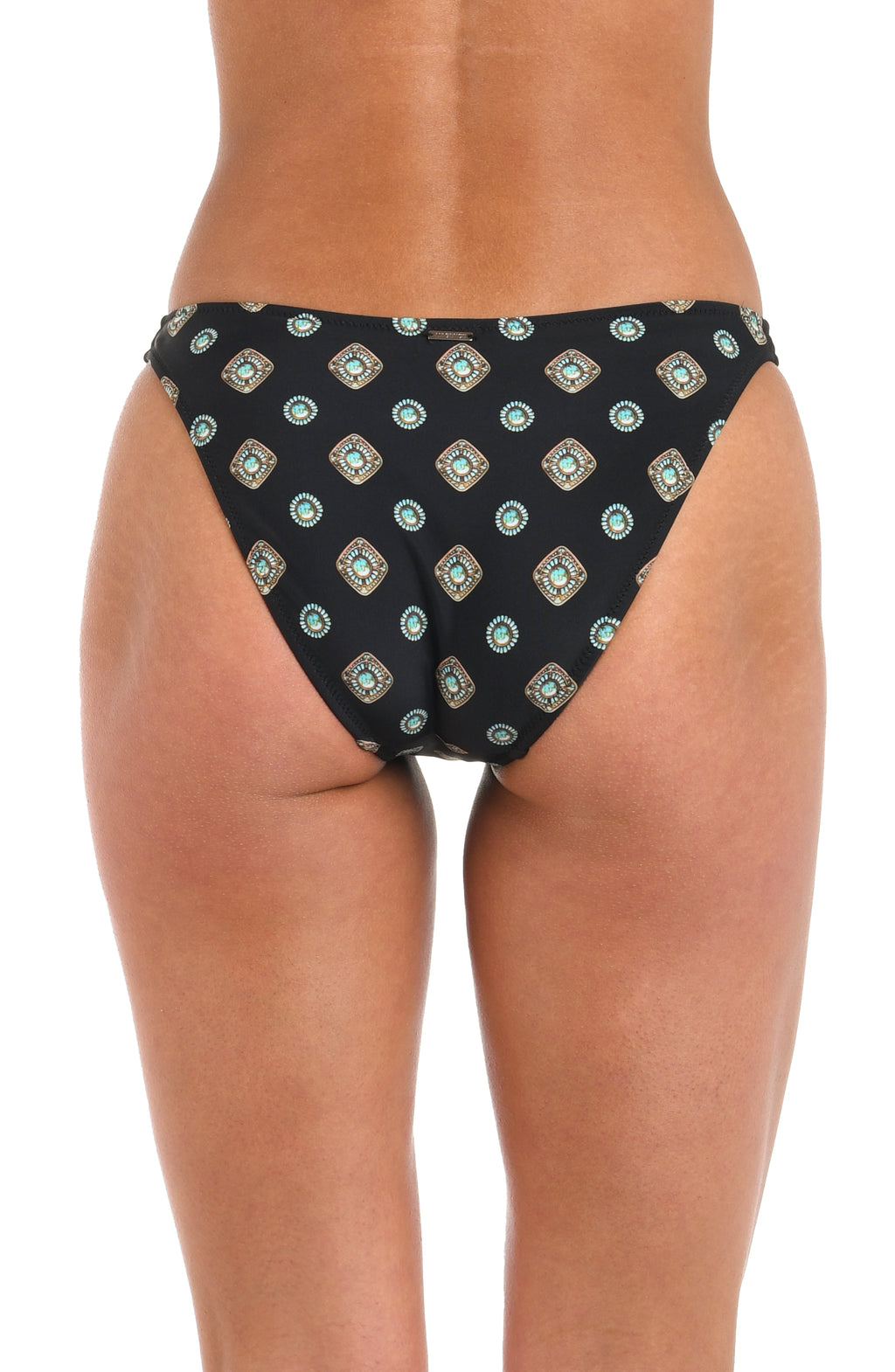 Woman wearing a black multicolored high leg bikini bottom with a geometric print set against a white background. 