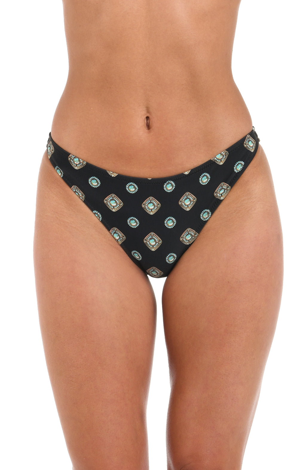 Woman wearing a black multicolored high leg bikini bottom with a geometric print set against a white background. 