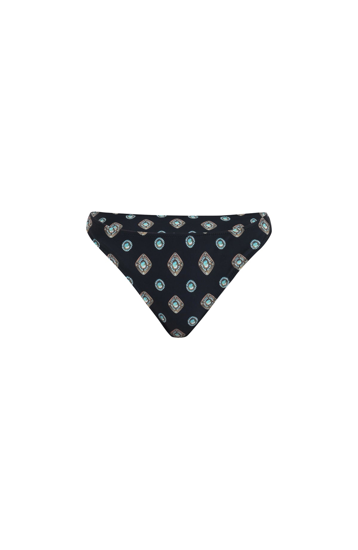 Image of a black multicolored high leg bikini bottom with a geometric print set against a white background. 