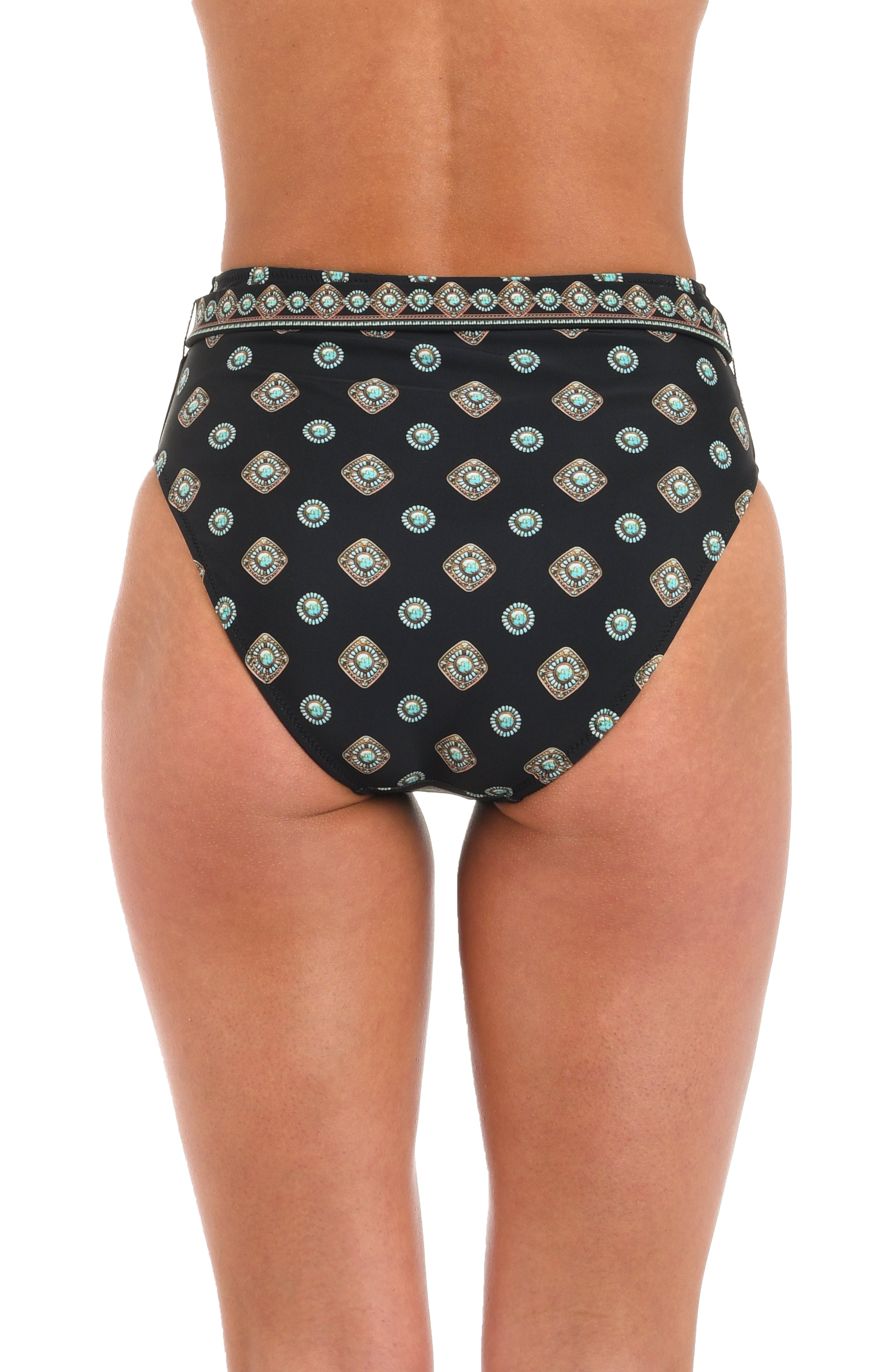 Woman wearing a black multicolored geometric printed high waist bikini bottoms set against a white background. 