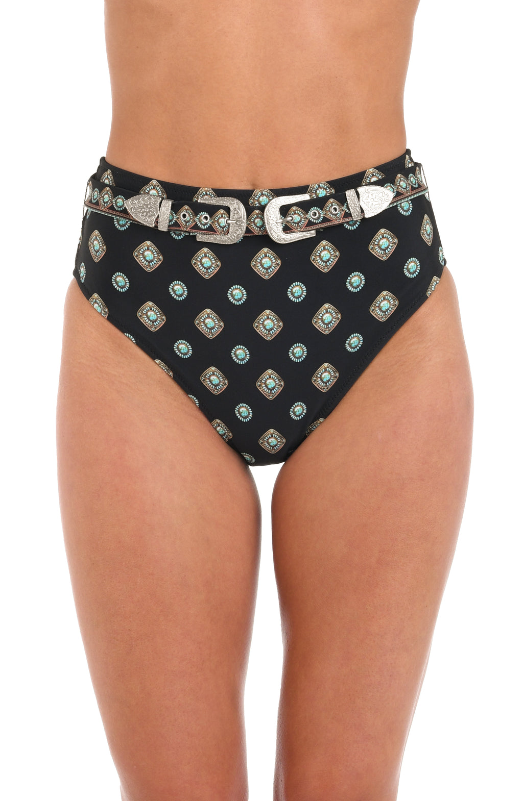 Woman wearing a black multicolored geometric printed high waist bikini bottoms set against a white background. 