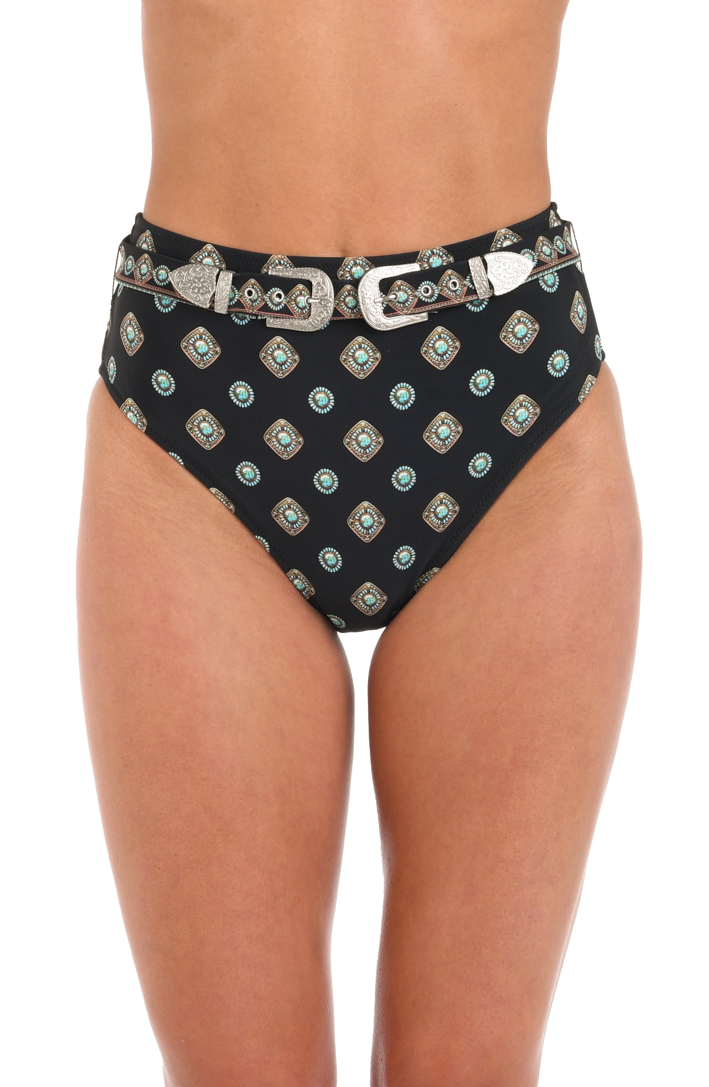 Woman wearing a black multicolored geometric printed high waist bikini bottoms set against a white background. 