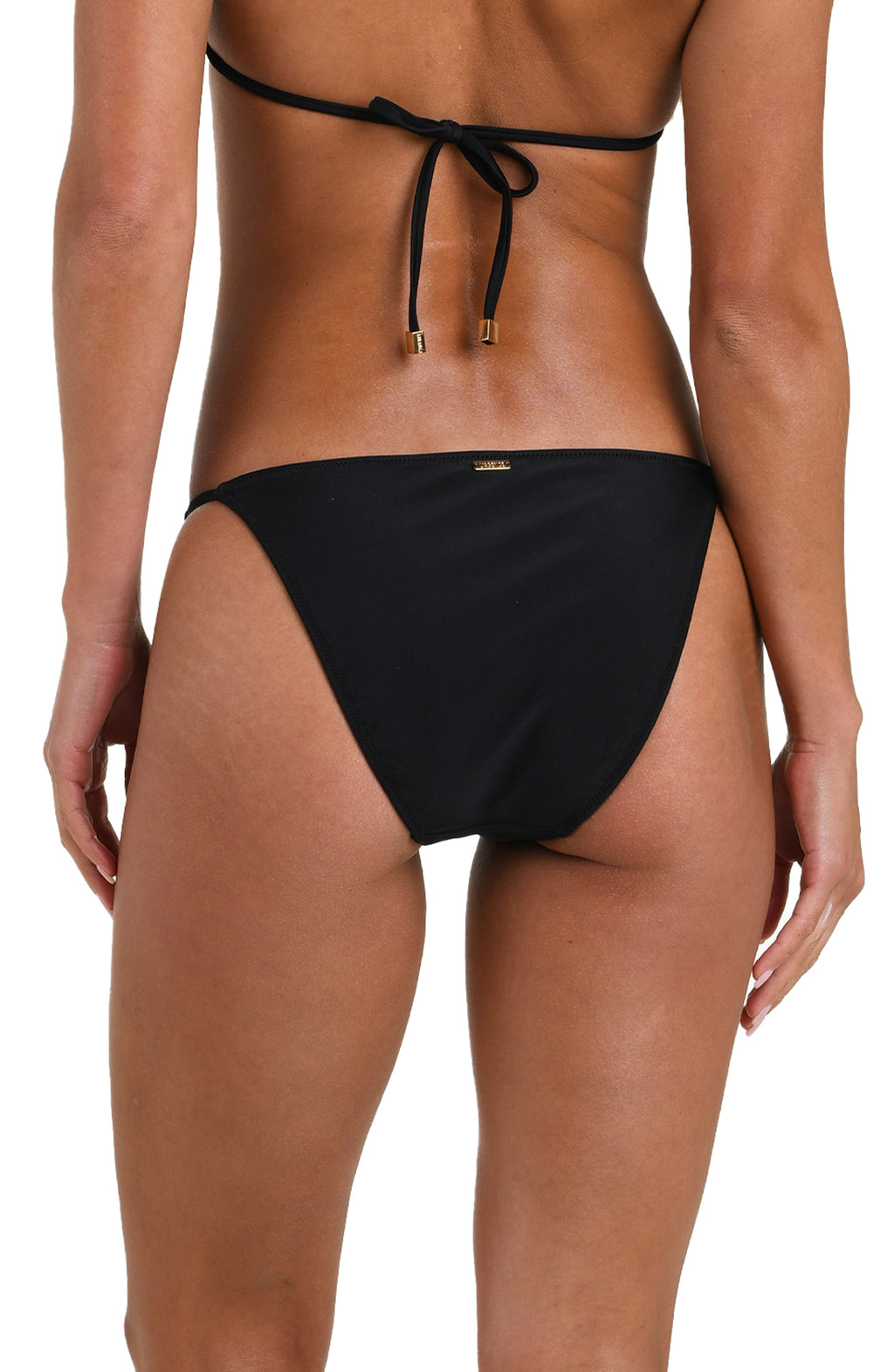 Black bikini bottom with a tie back design on a white background