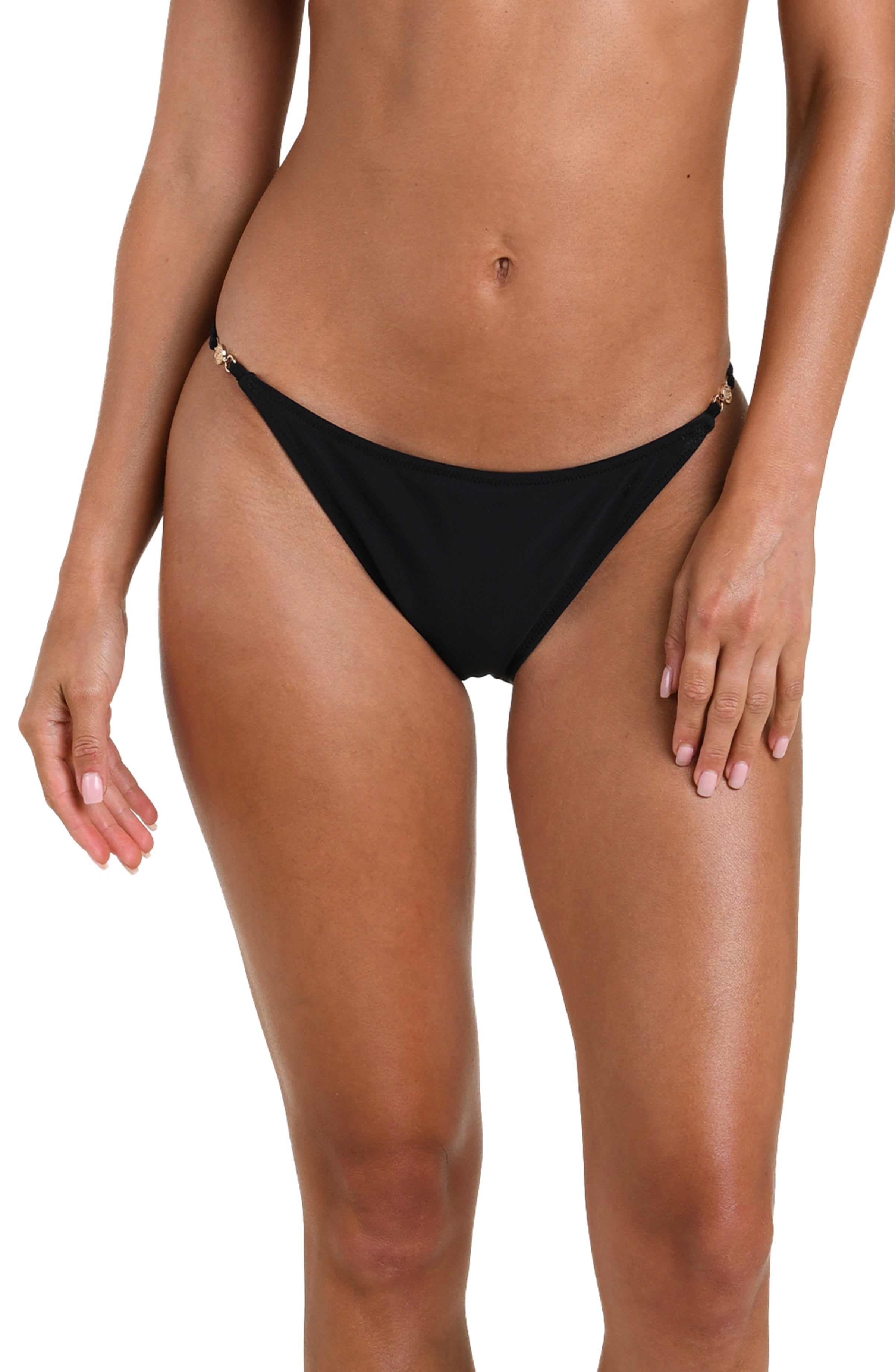 Black bikini bottom with a side tie design on a white background