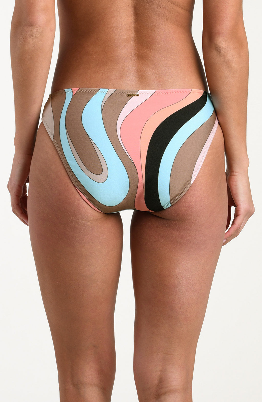 Woman wearing a multicolored bikini bottom against a white background. 