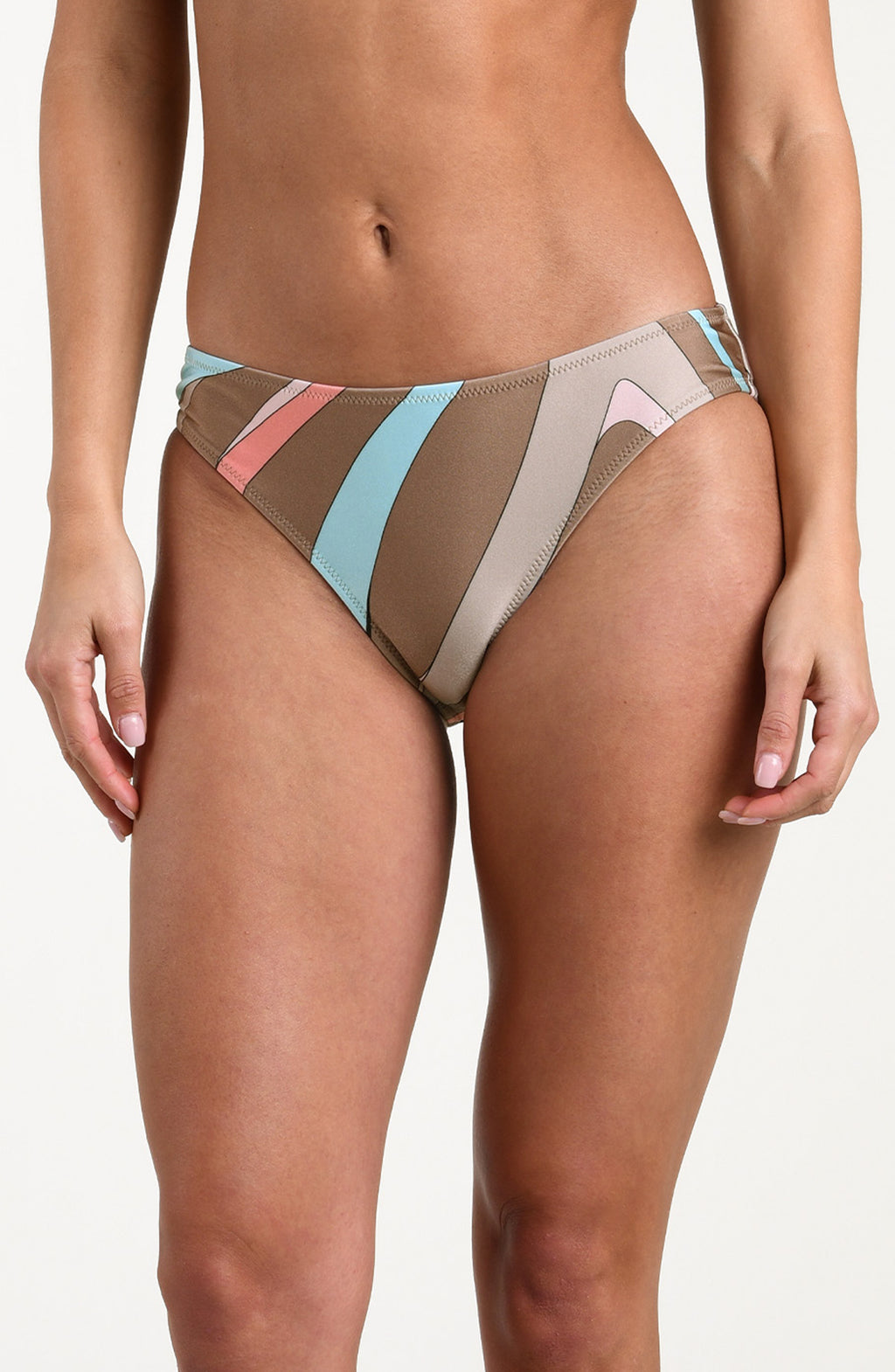 Woman wearing a multicolored bikini bottom against a white background. 