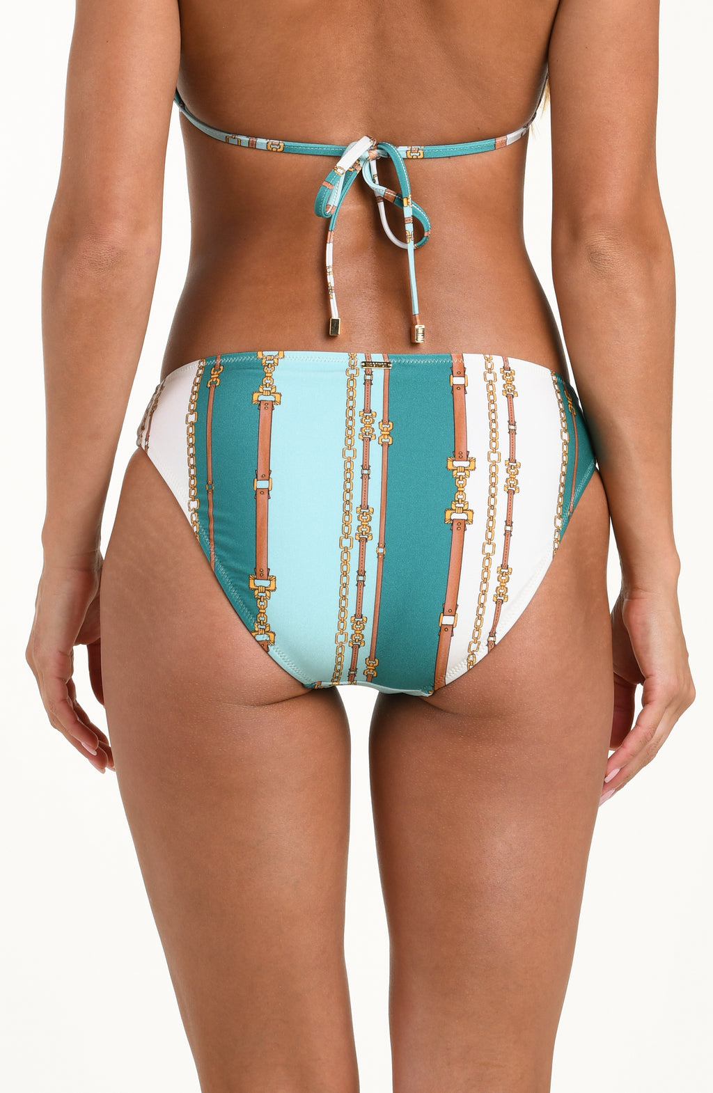 Back image of model wearing a belt-and-chain printed bikini bottom featuring a mid-rise fit, gold logo hardware, and moderate rear coverage.