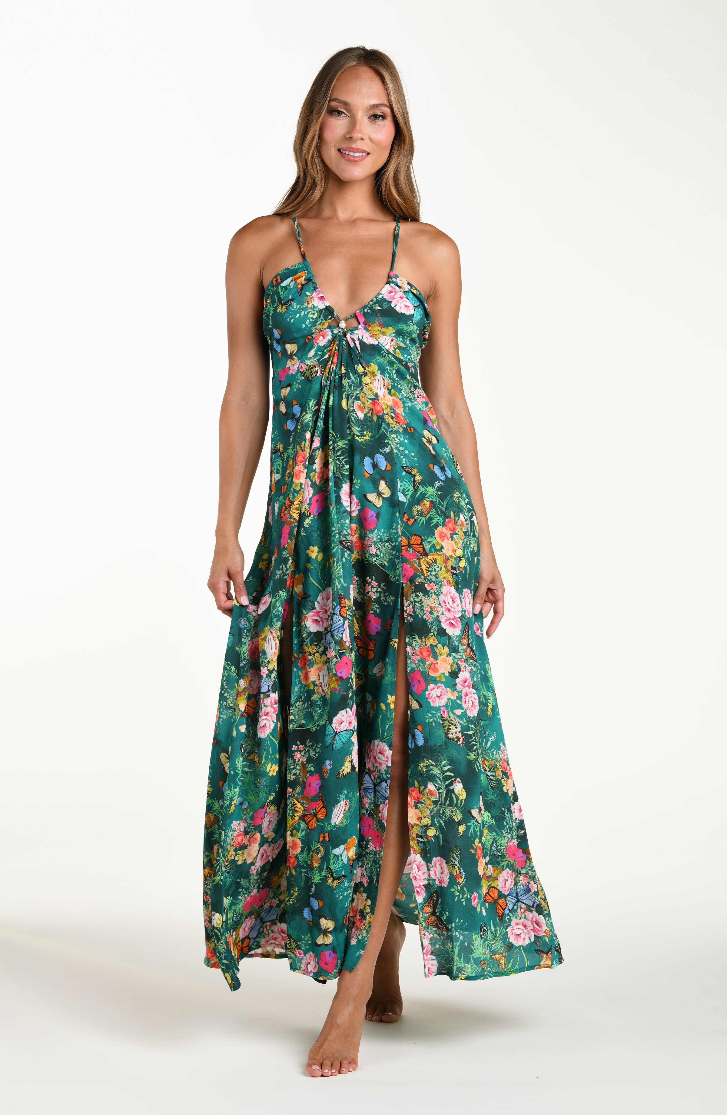 Full body front image of model wearing a cover-up dress offers a relaxed, flowy fit with lightweight, silky fabric and adjustable straps for effortless comfort and ease of movement.