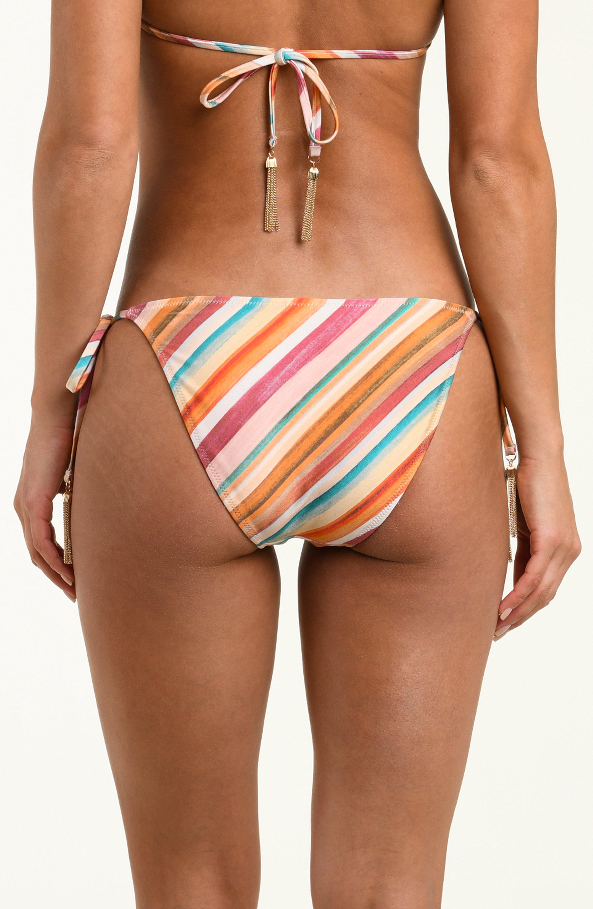 Multicolored striped bikini bottom on a white background