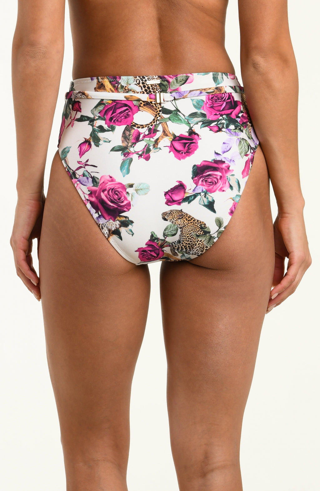 Floral and leopard print high-waisted bikini bottom on a white background