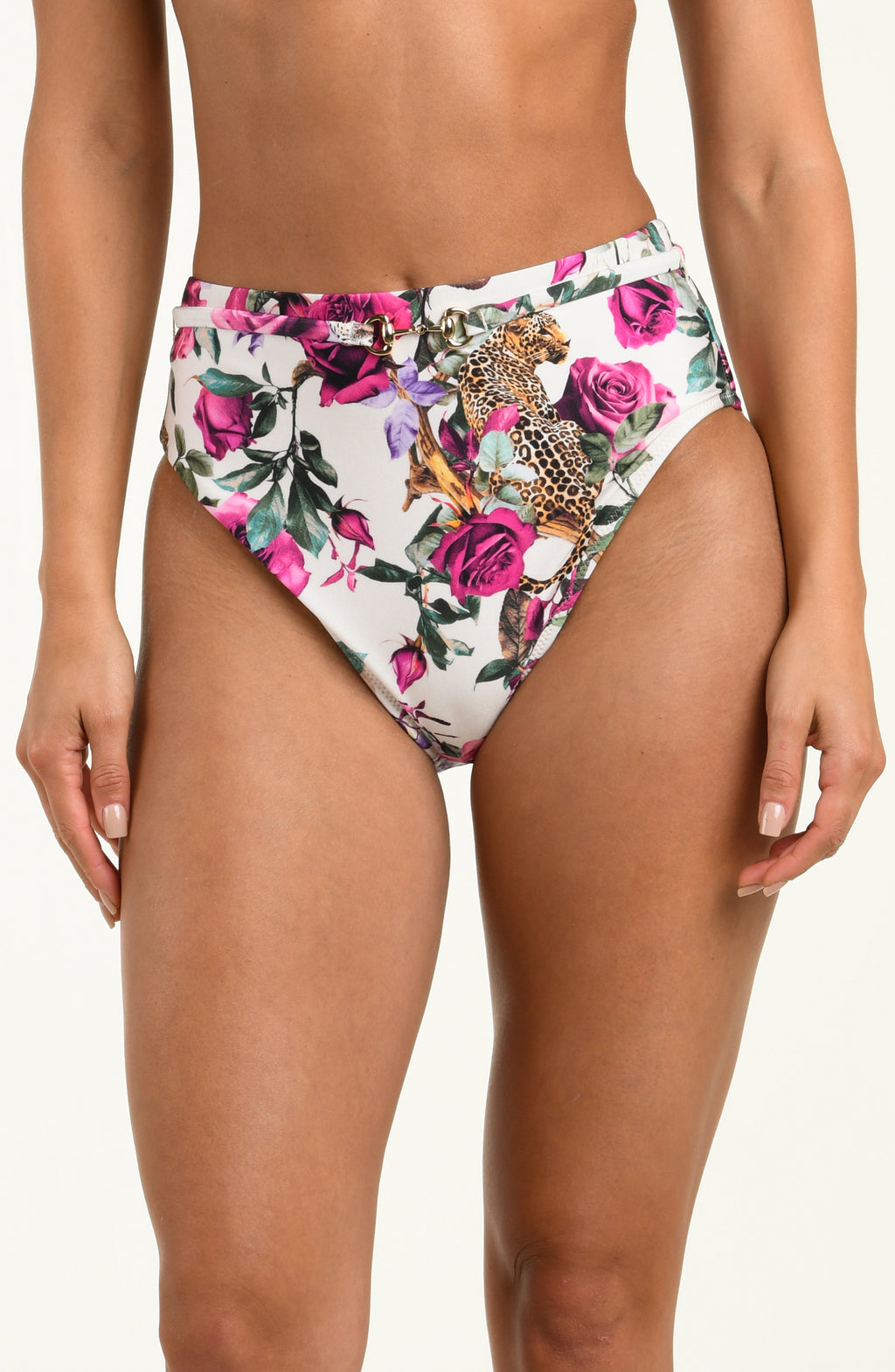 Floral high-waisted bikini bottom with embellishments on a plain background