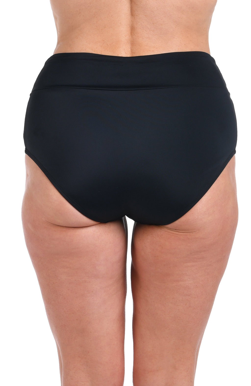 Black high-waisted bikini bottom on a white background
