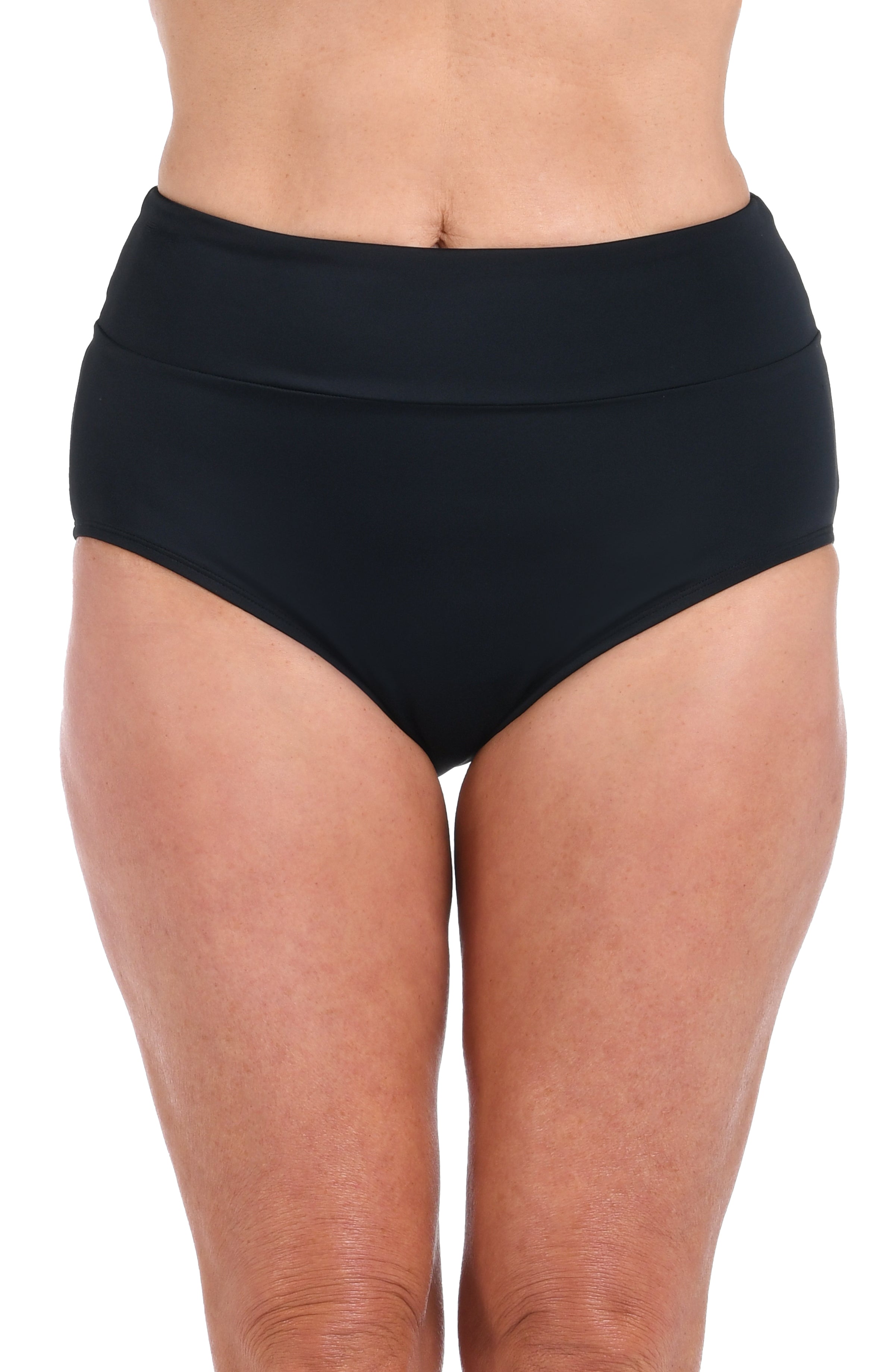 Black high-waisted bikini bottom on a white background