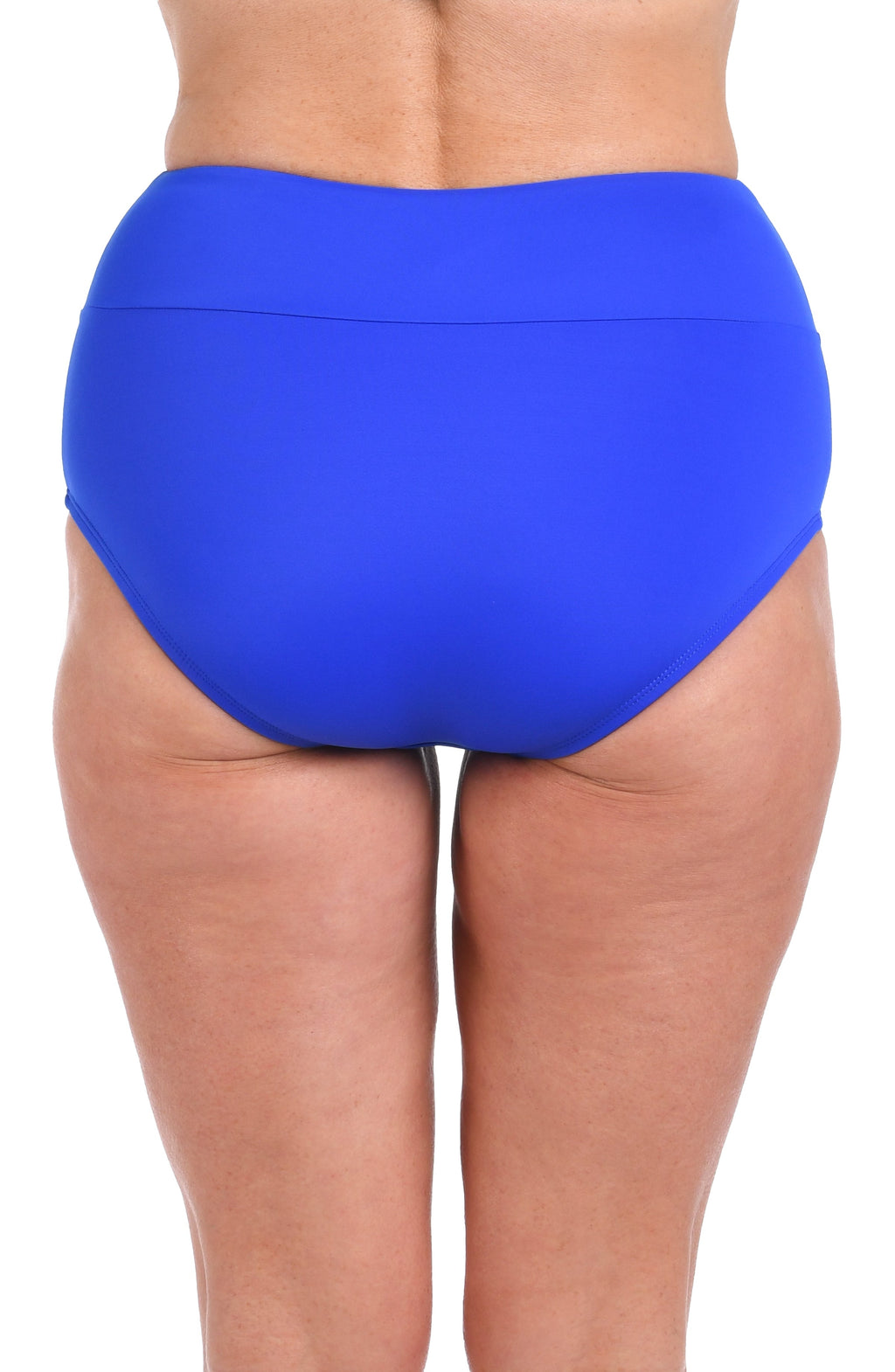 Blue high-waisted bikini bottom on a white background