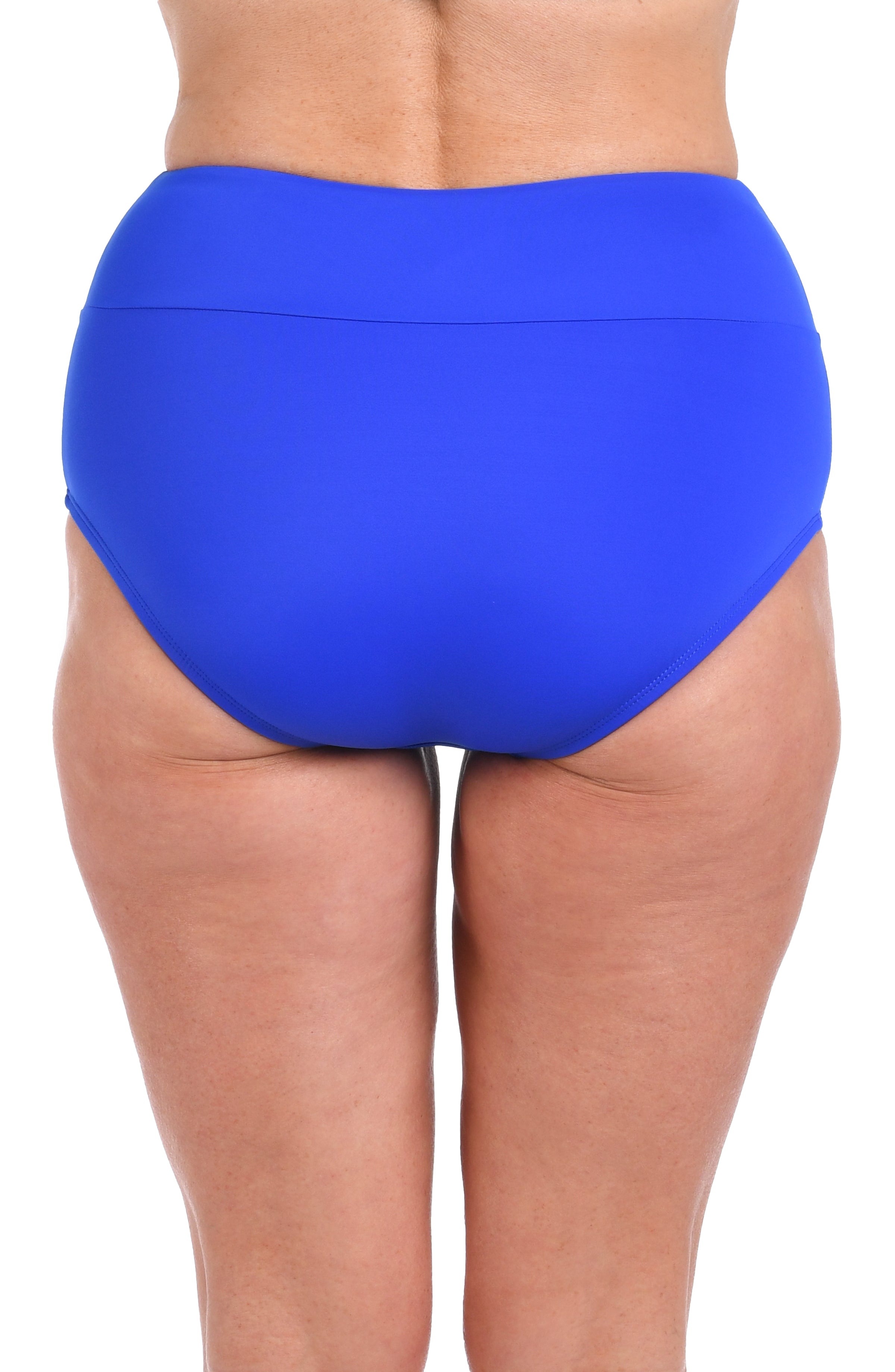 Blue high-waisted bikini bottom on a white background