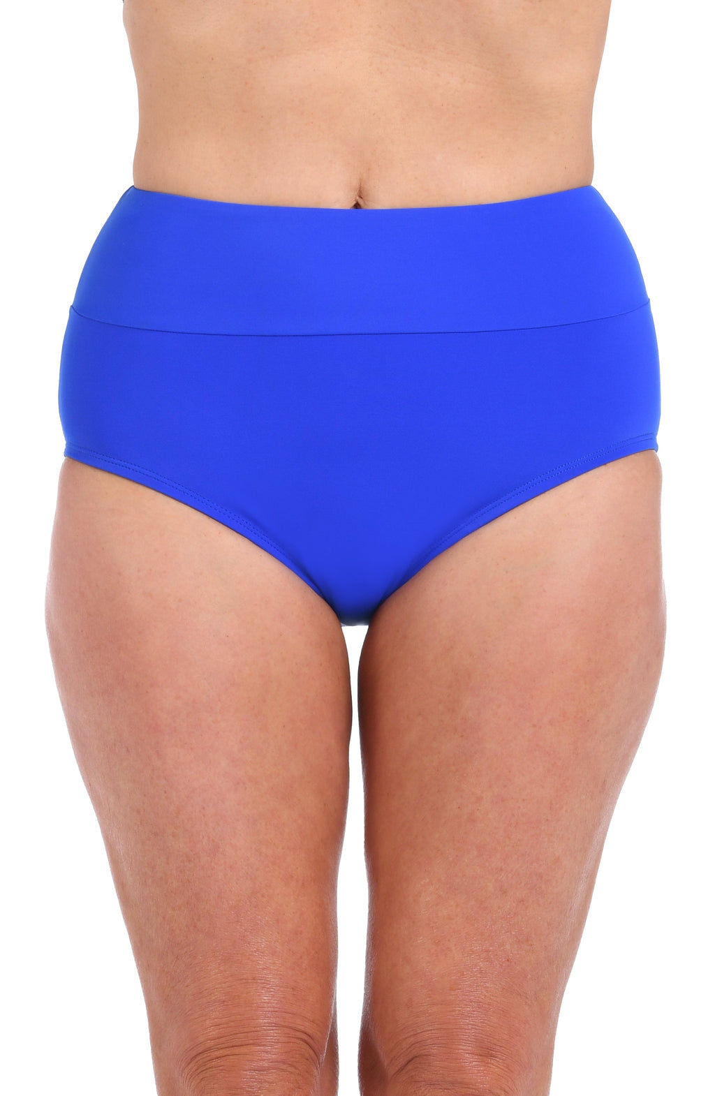 Blue high-waisted bikini bottom on a white background