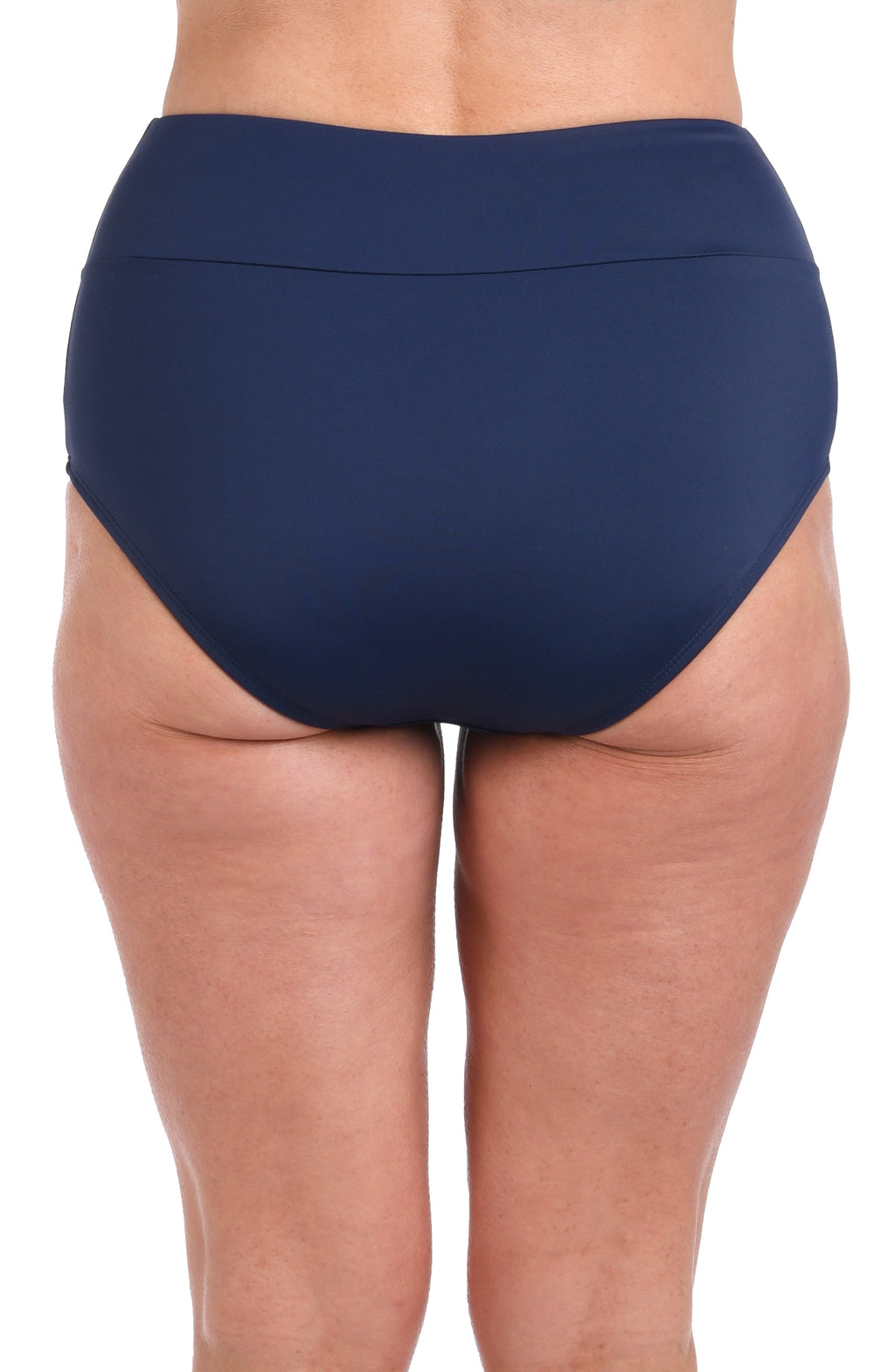 Navy blue high-waisted bikini bottom on a white background