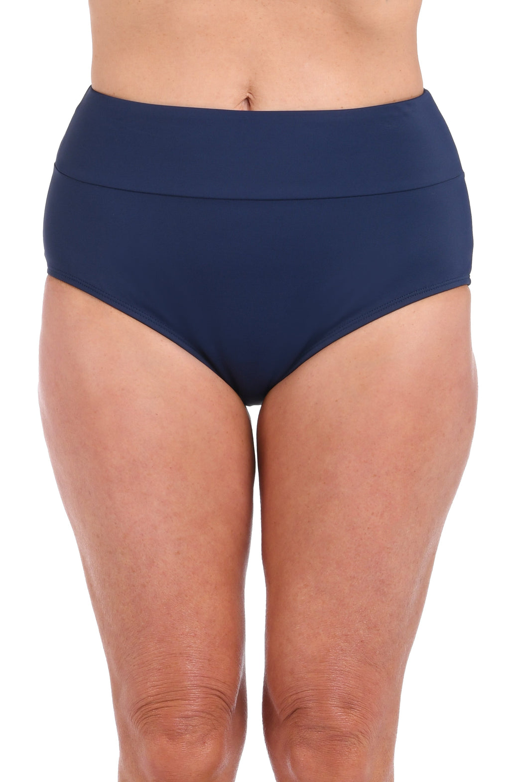 Navy blue high-waisted bikini bottom on a white background