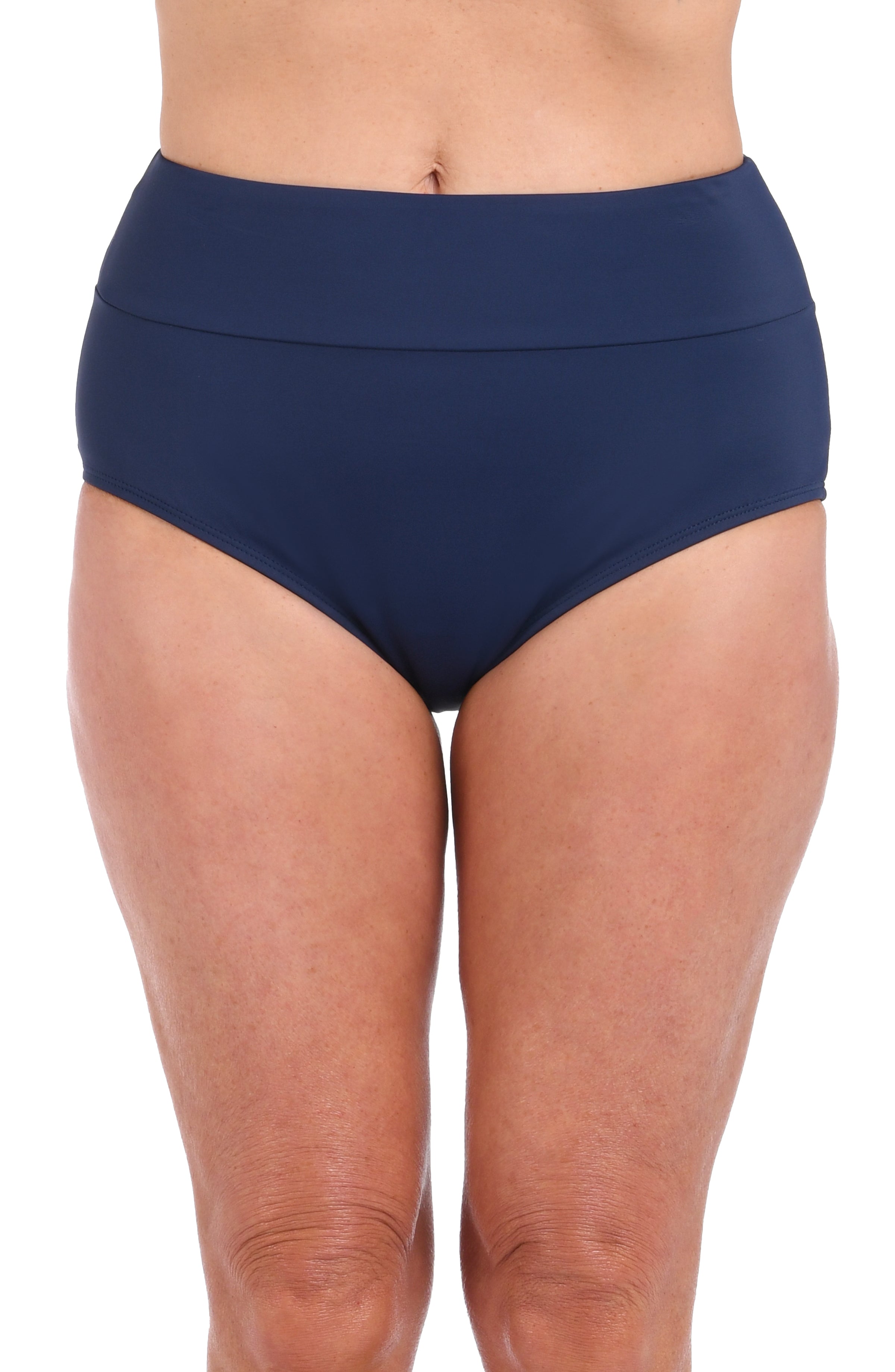 Navy blue high-waisted bikini bottom on a white background