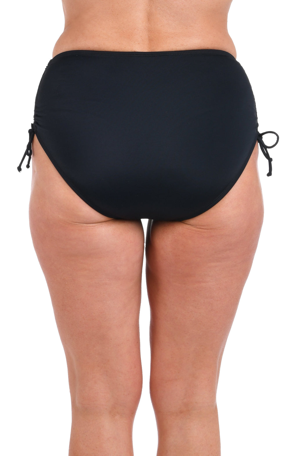 Black high-waisted bikini bottom on a white background
