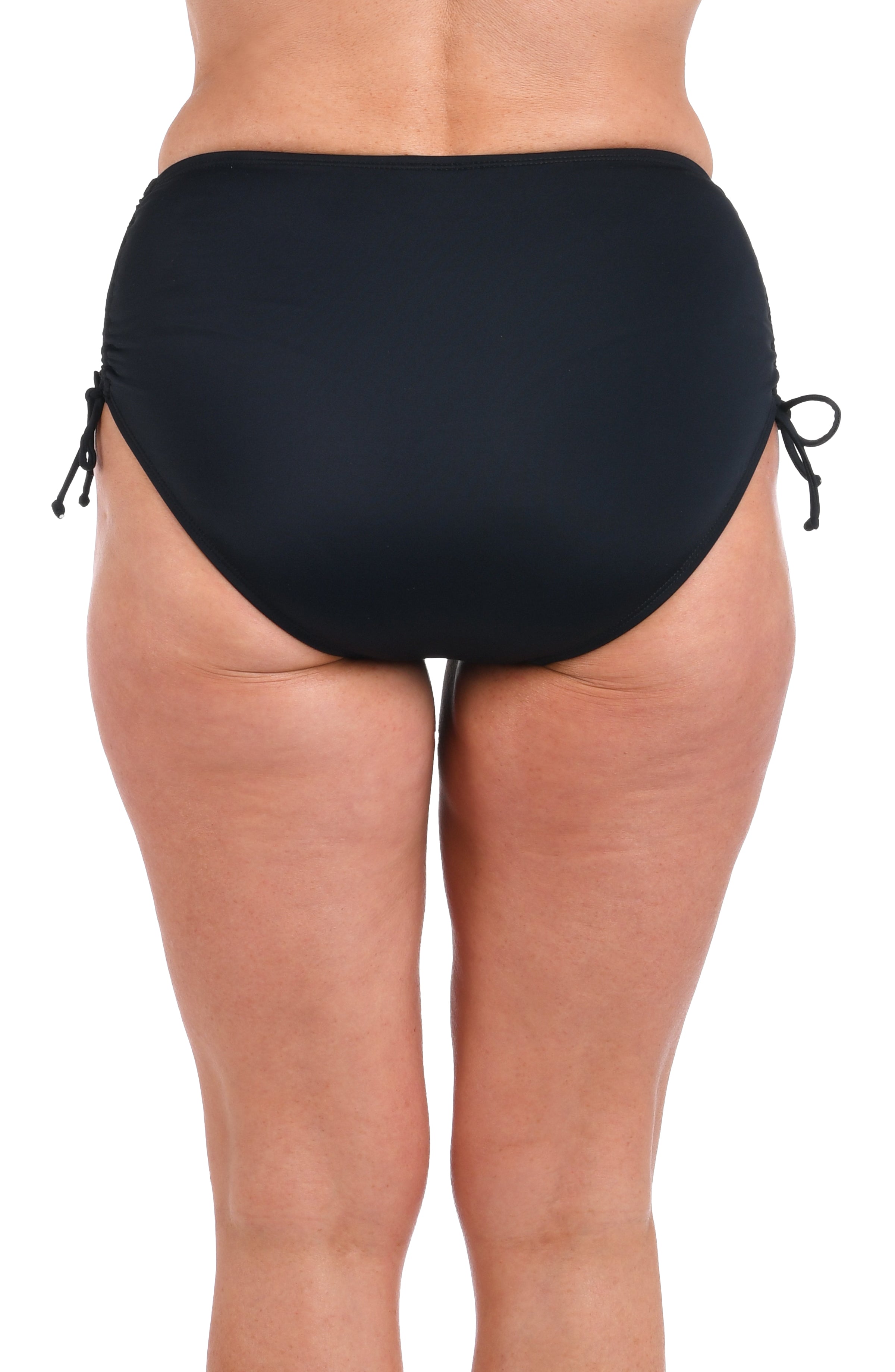 Black high-waisted bikini bottom on a white background