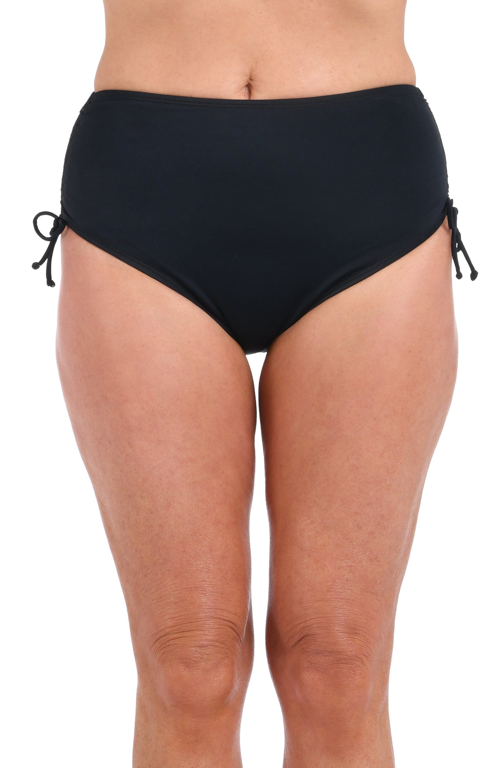 Black high-waisted bikini bottom on a white background
