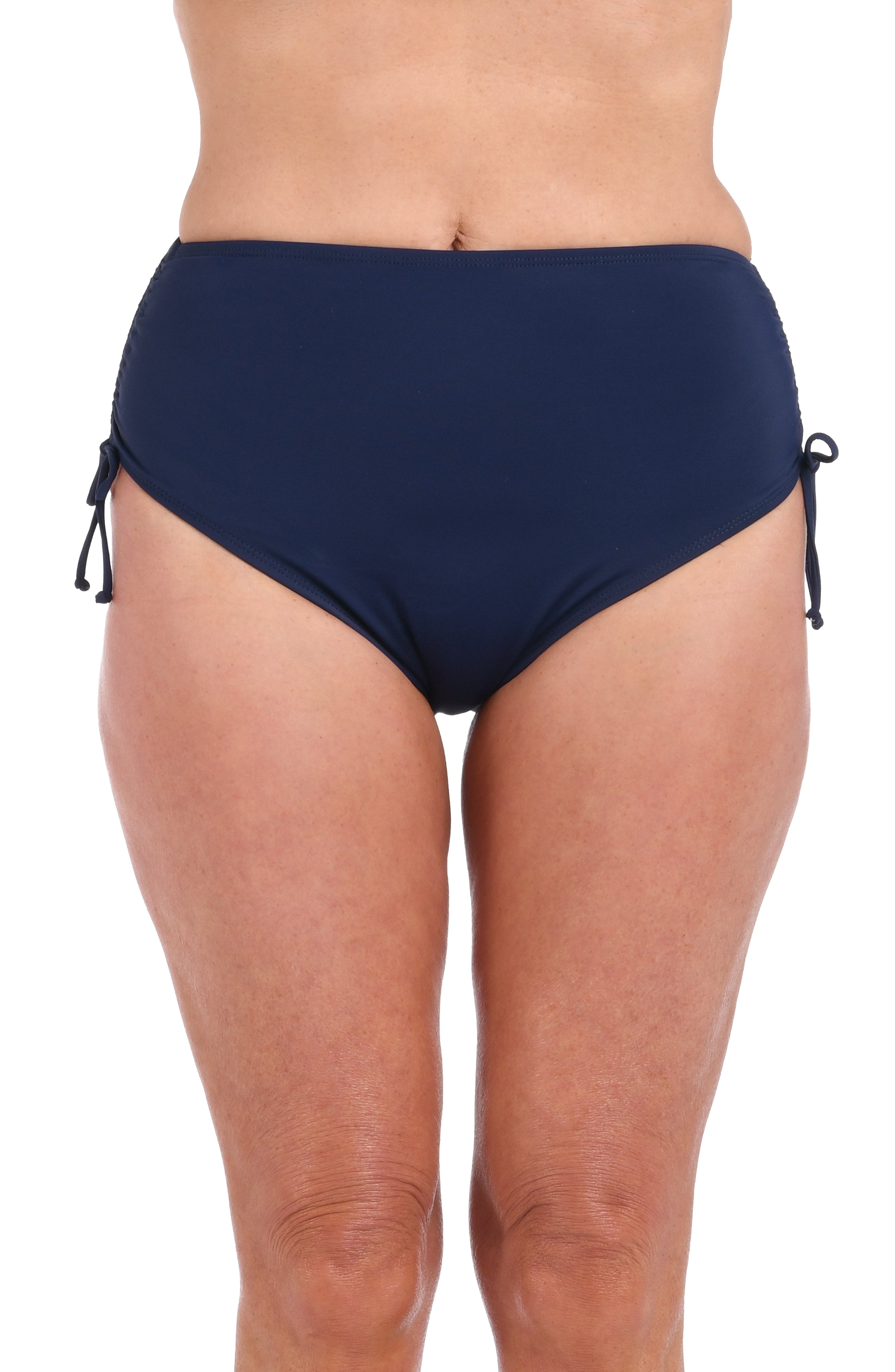 Navy blue bikini bottom with drawstring on a white background