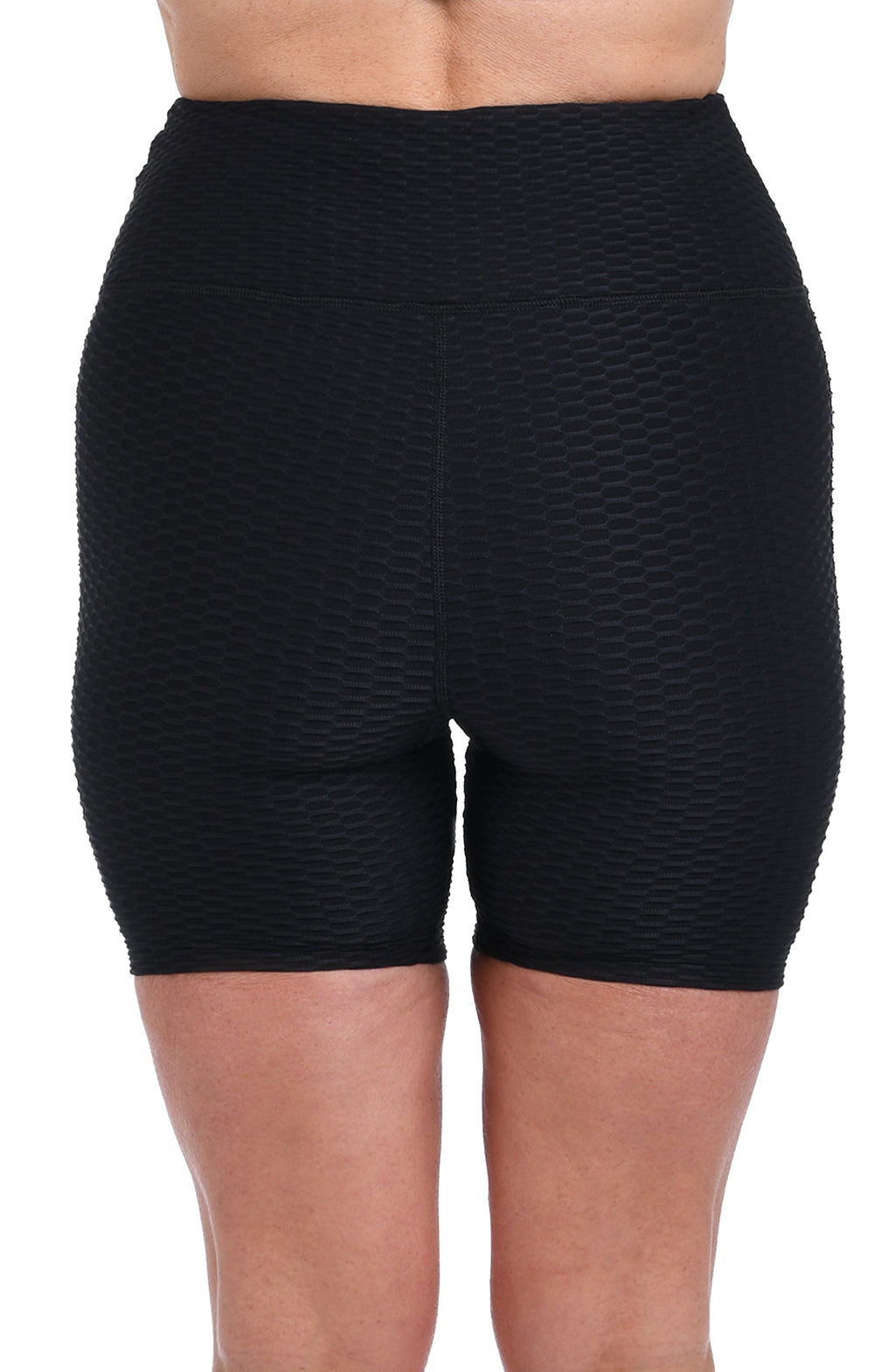 Black textured biker shorts on a white background