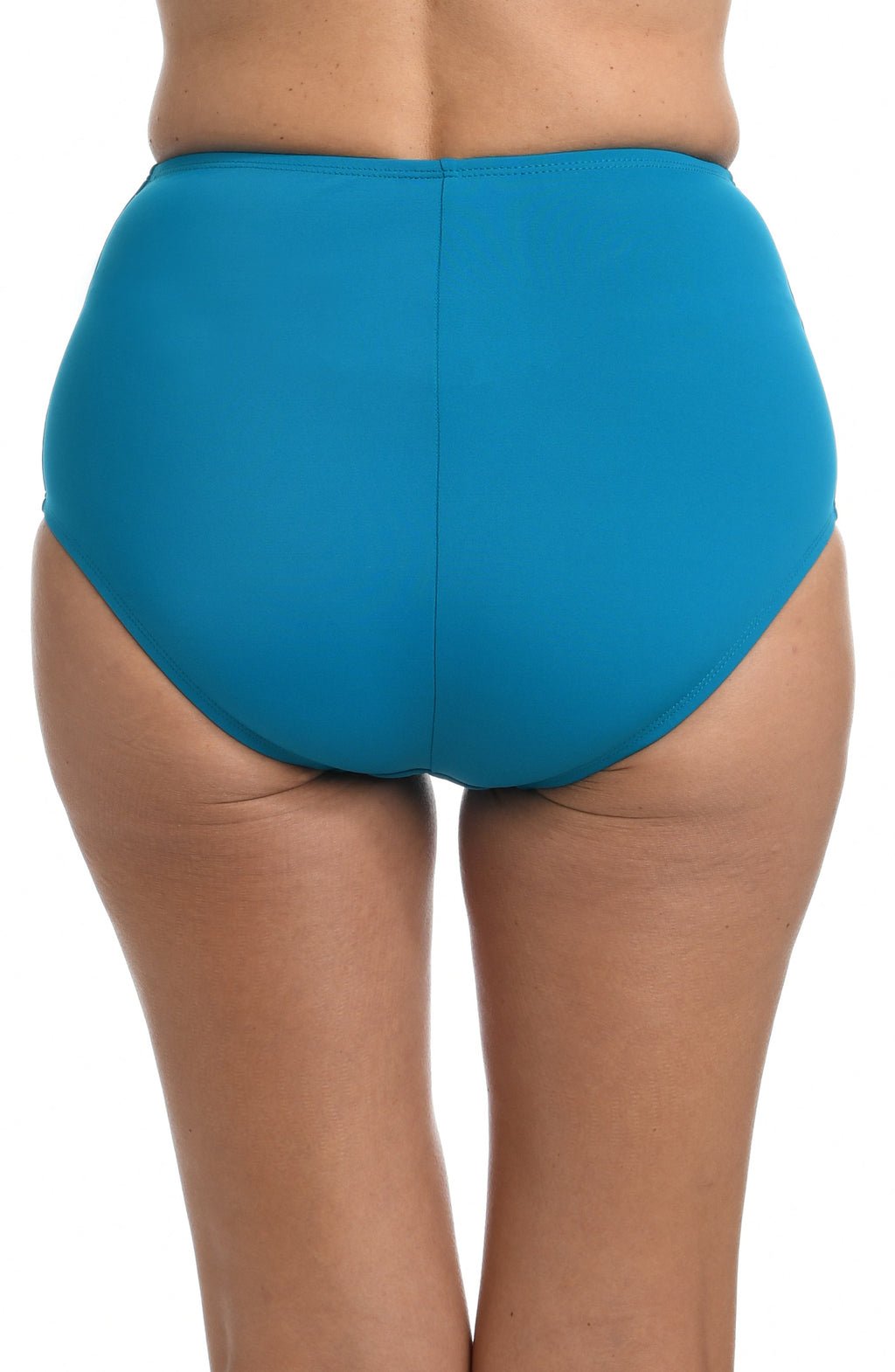 Emerald colored high waisted swim bottoms against a white background. 