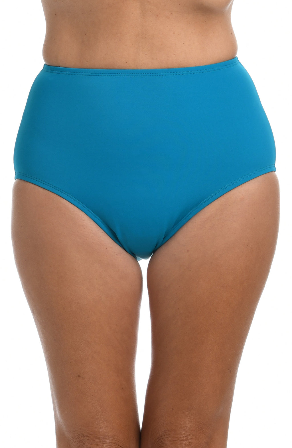 Emerald colored high waisted swim bottoms against a white background. 