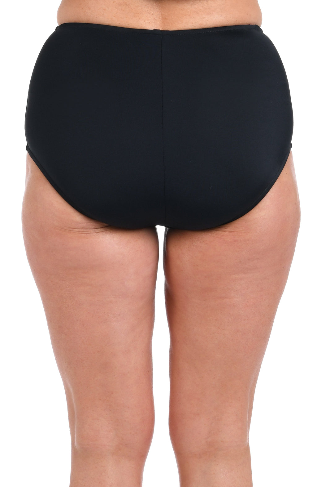 Black high-waisted swimsuit bottom on a white background