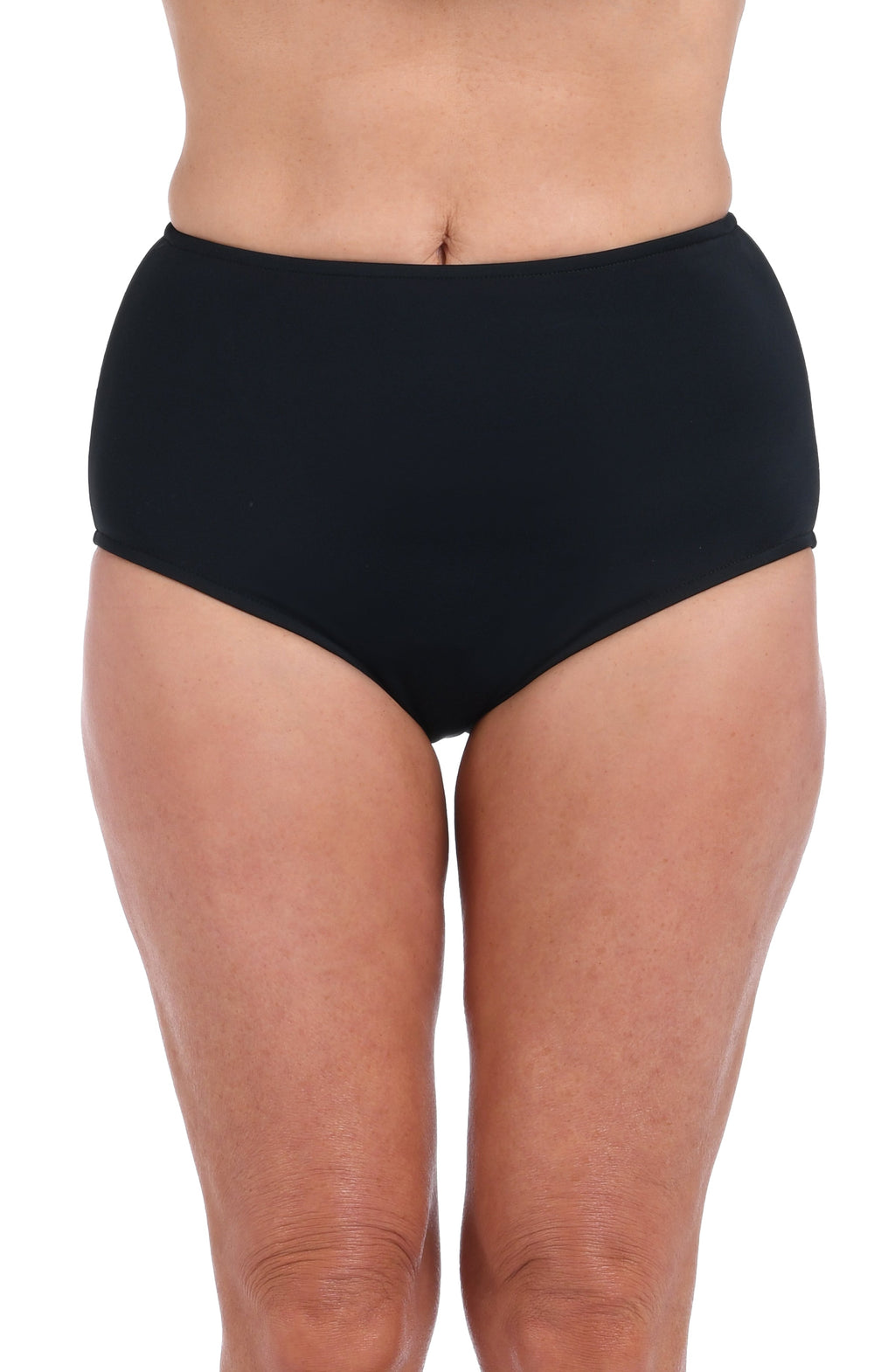 Black high-waisted underwear worn by a person on a white background
