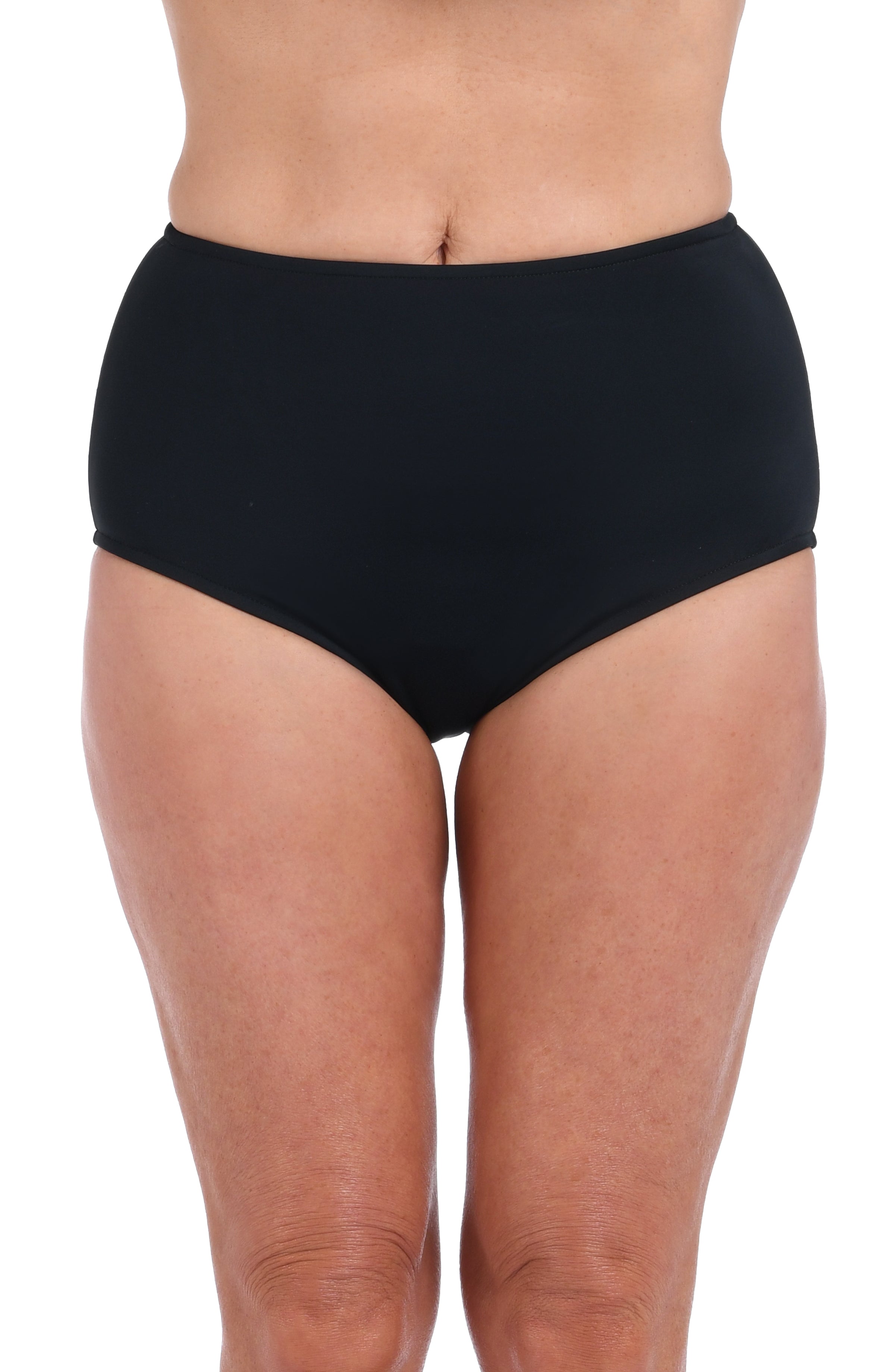 Black high-waisted underwear worn by a person on a white background