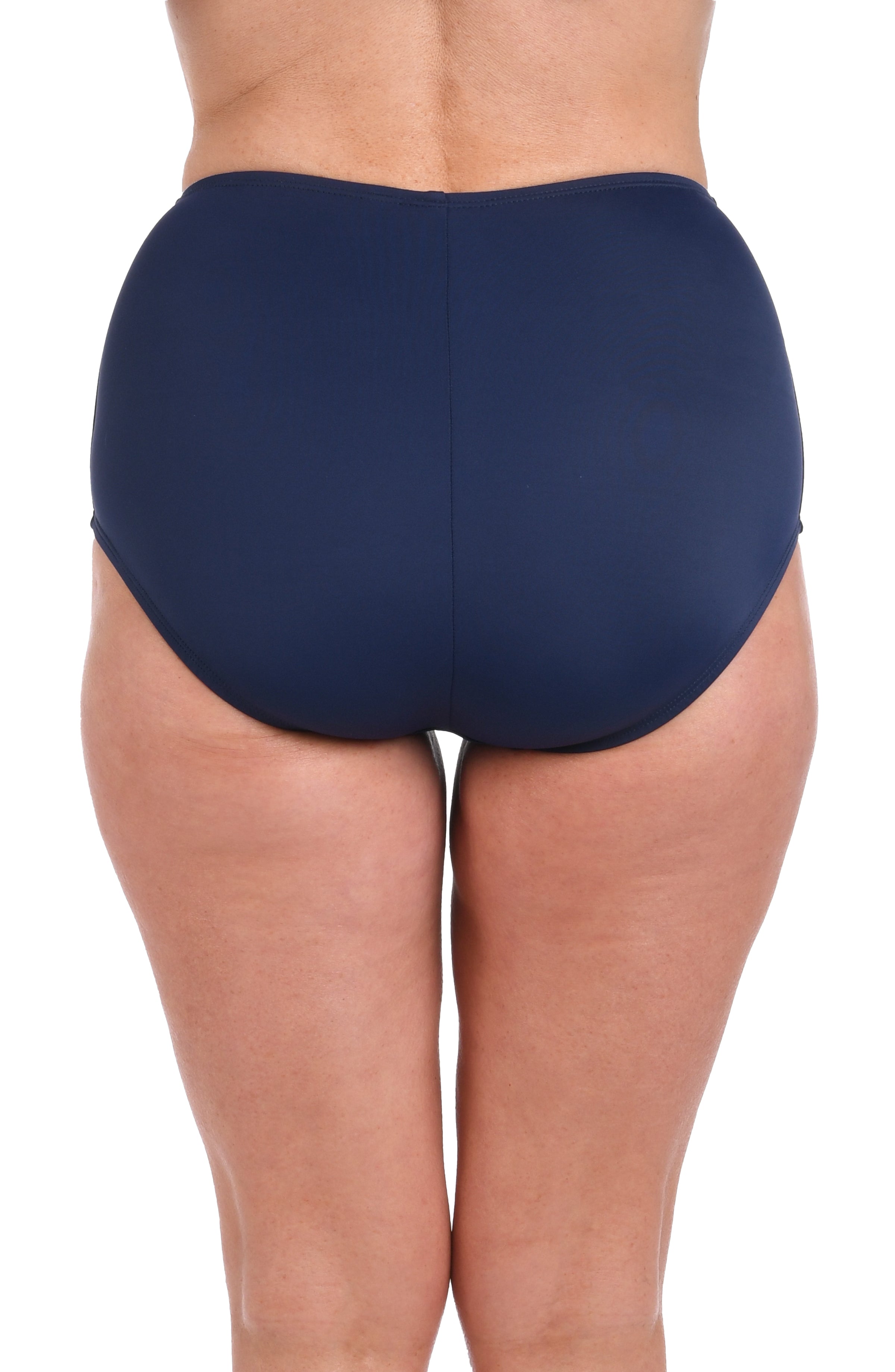 Navy blue high-waisted swim bottoms on a white background