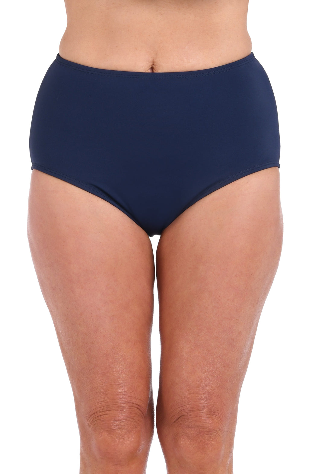 Navy blue high-waisted bikini bottom on a white background