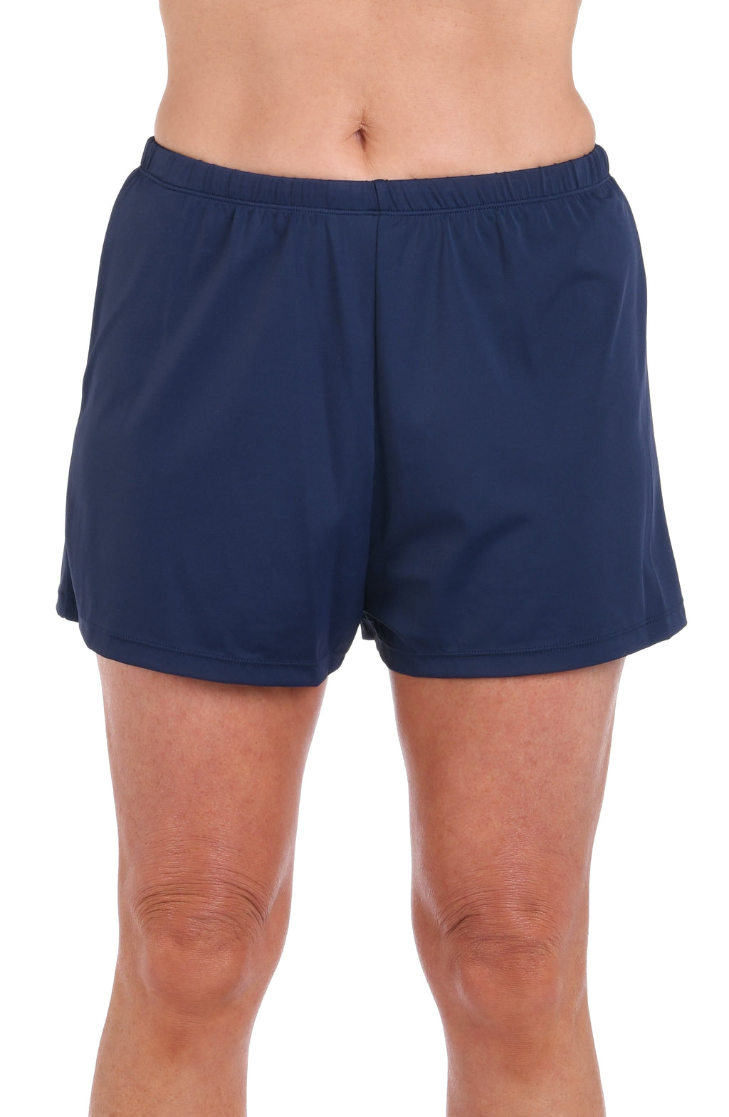 Navy blue shorts worn by a person on a white background