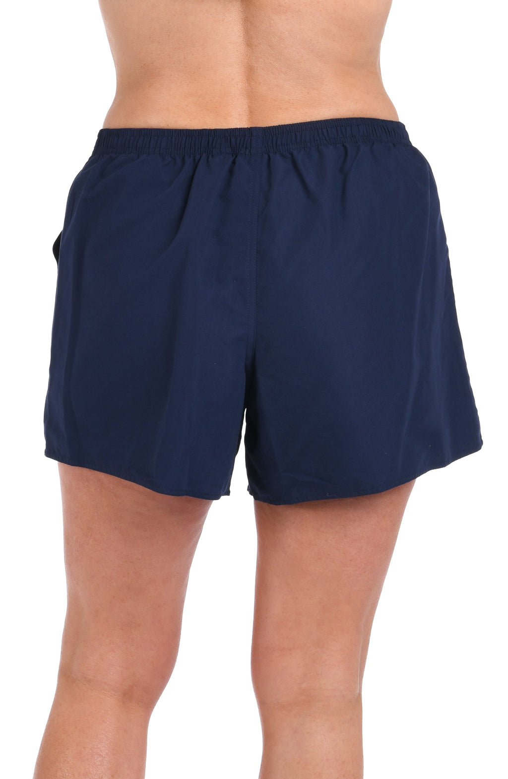 Navy blue shorts worn by a person on a white background