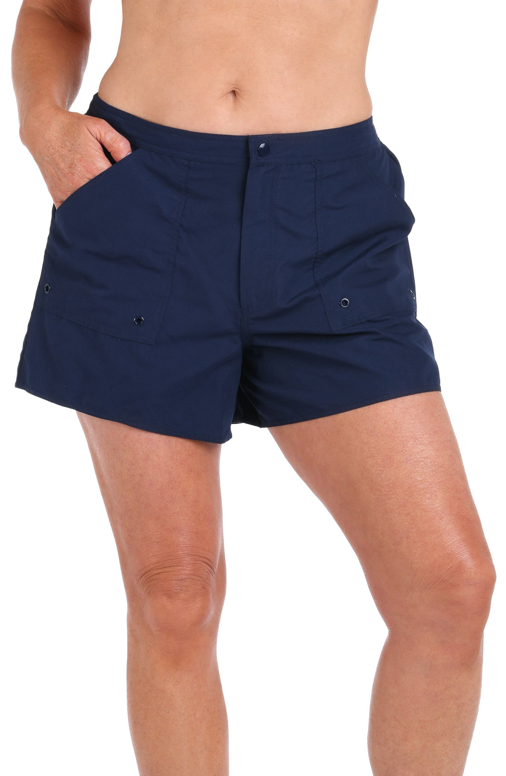 Navy blue shorts worn by a person on a white background