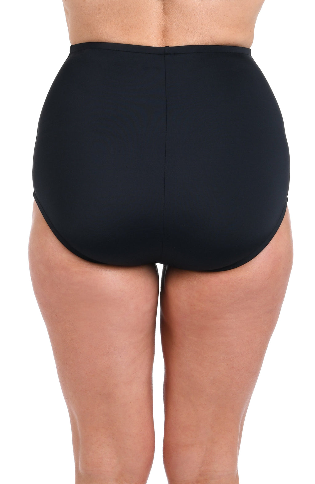 Black high-waisted swim bottoms worn by a person on a white background