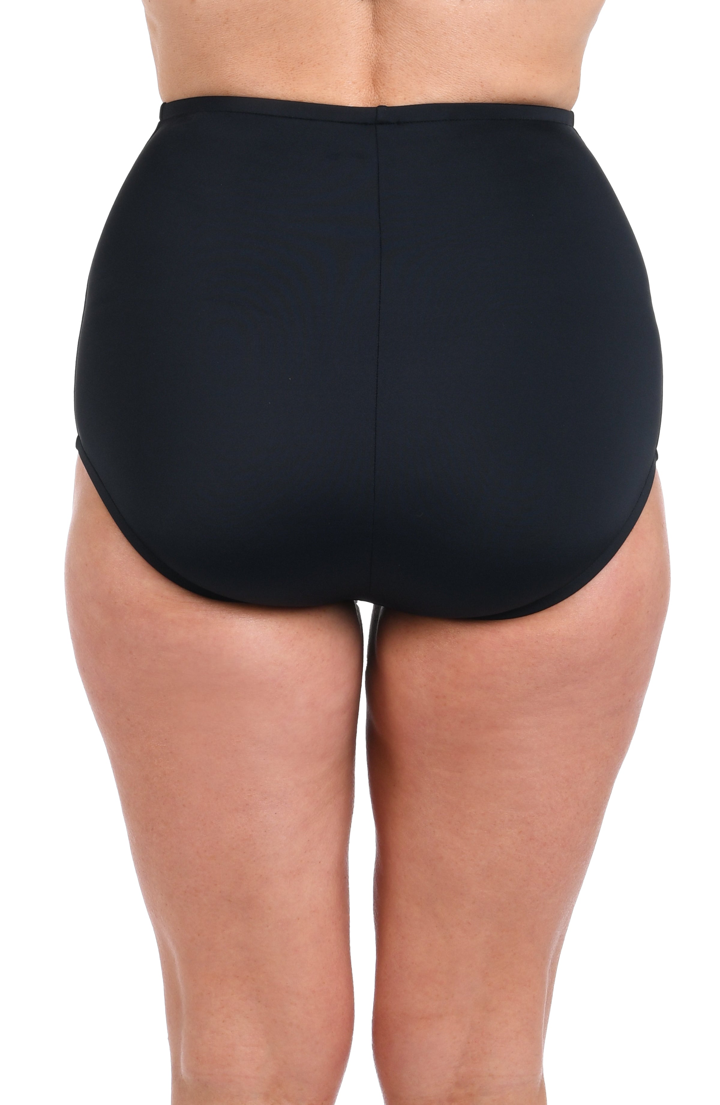Black high-waisted swim bottoms worn by a person on a white background