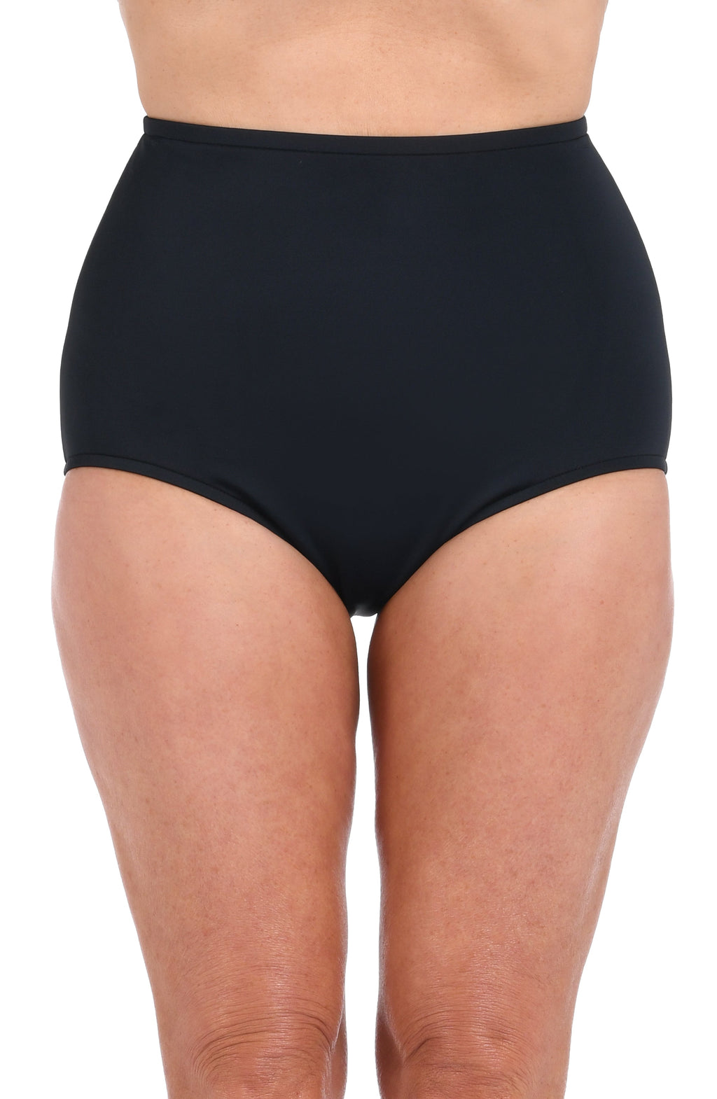 Black high-waisted swim bottoms worn by a person on a white background