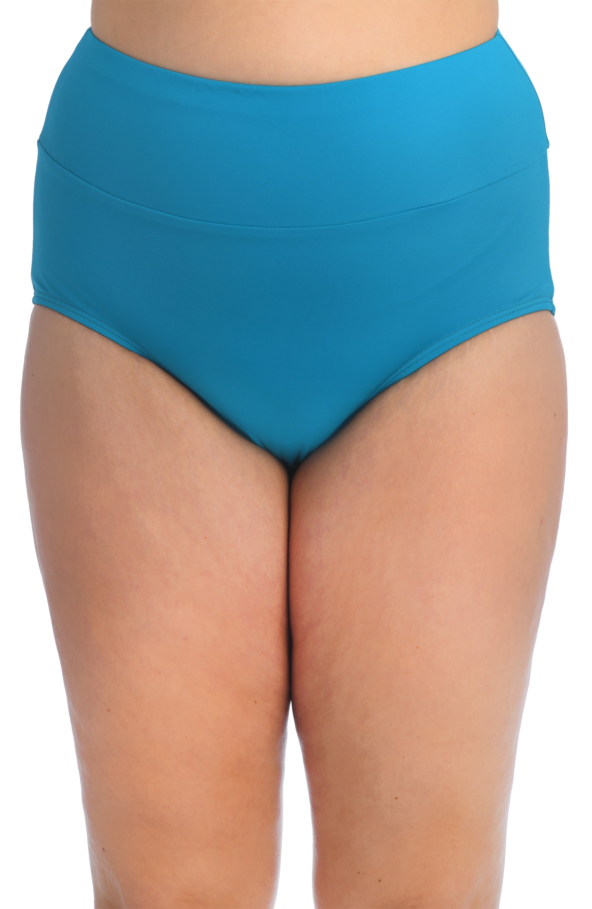 Blue high-waisted bikini bottom on a white background