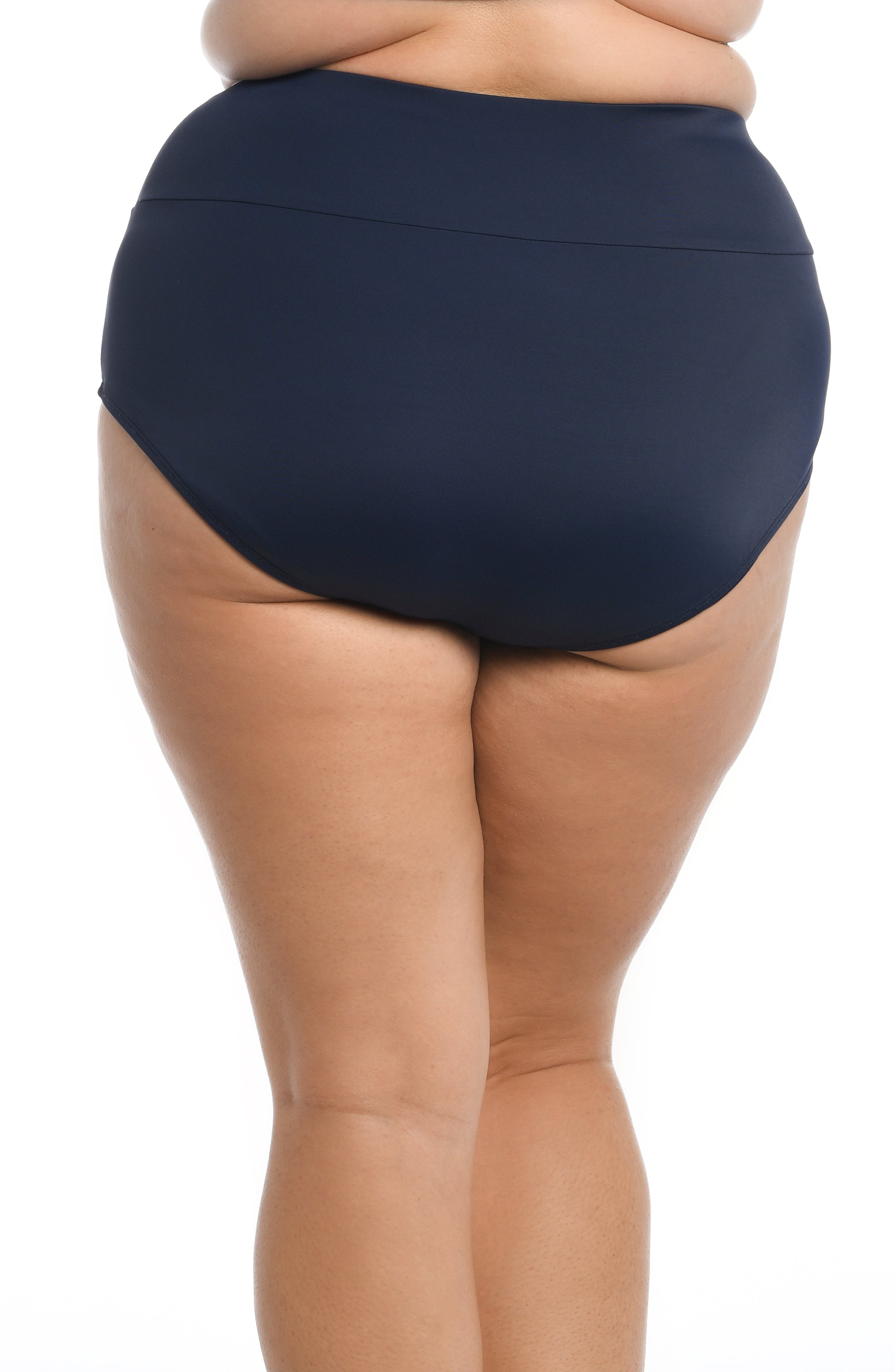 Navy blue high-waisted swimsuit on a white background