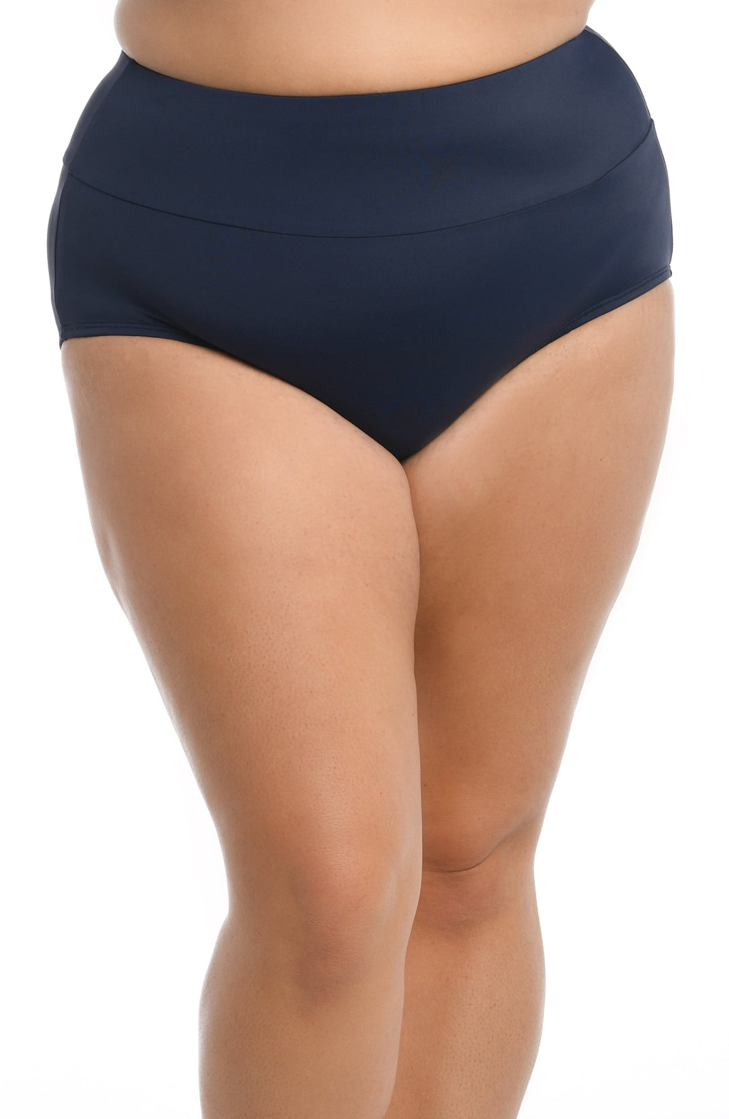 Navy blue high-waisted bikini bottom on a white background