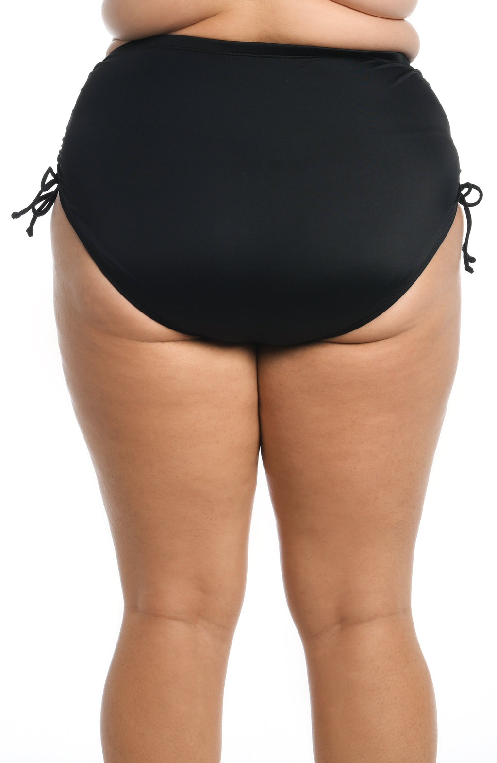 Black high-waisted bikini bottom on a white background